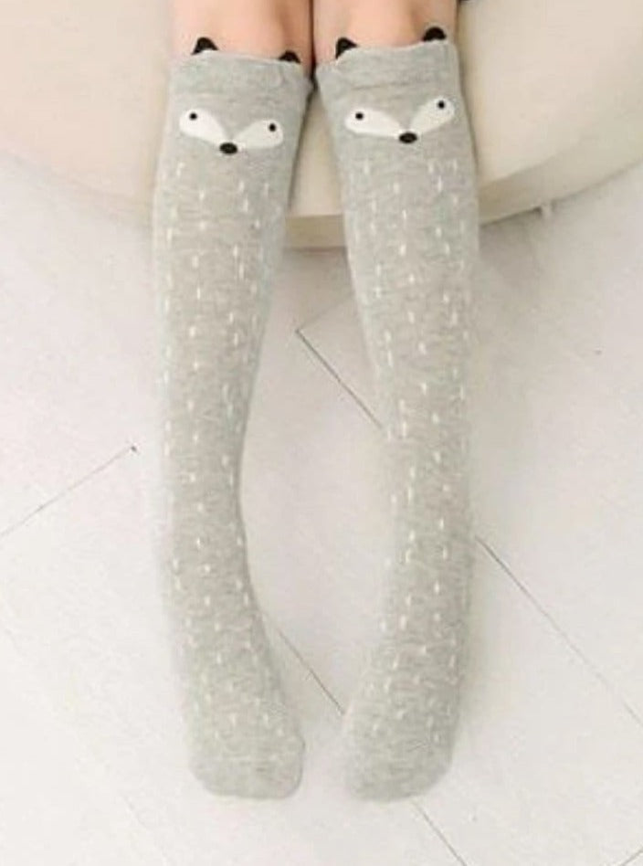 Girls Animal Knee Socks - Grey Fox / 3-7 Years - Girls Socks