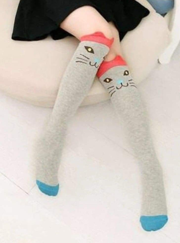 Girls Animal Knee Socks - Grey Orange Cat / 3-7 Years - Girls Socks