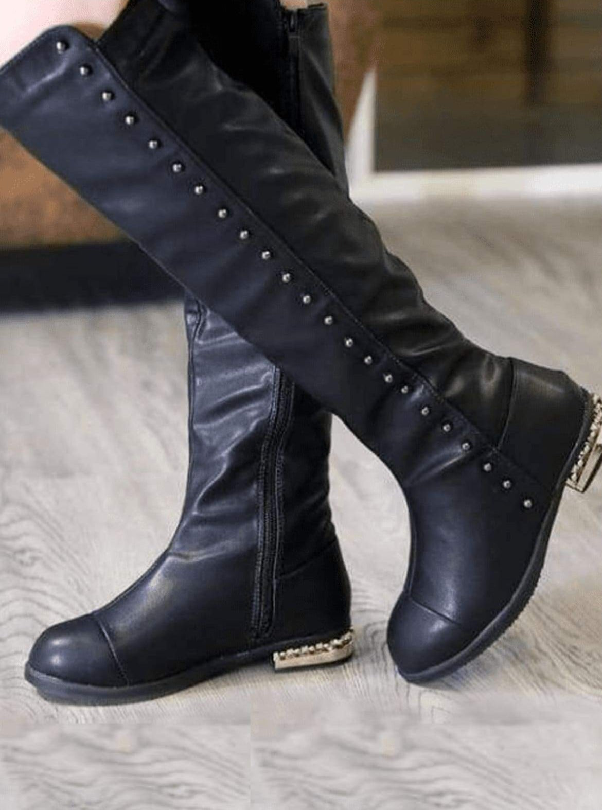 Shoes By Liv & Mia | Girls Black Gold Studded Knee High Boots