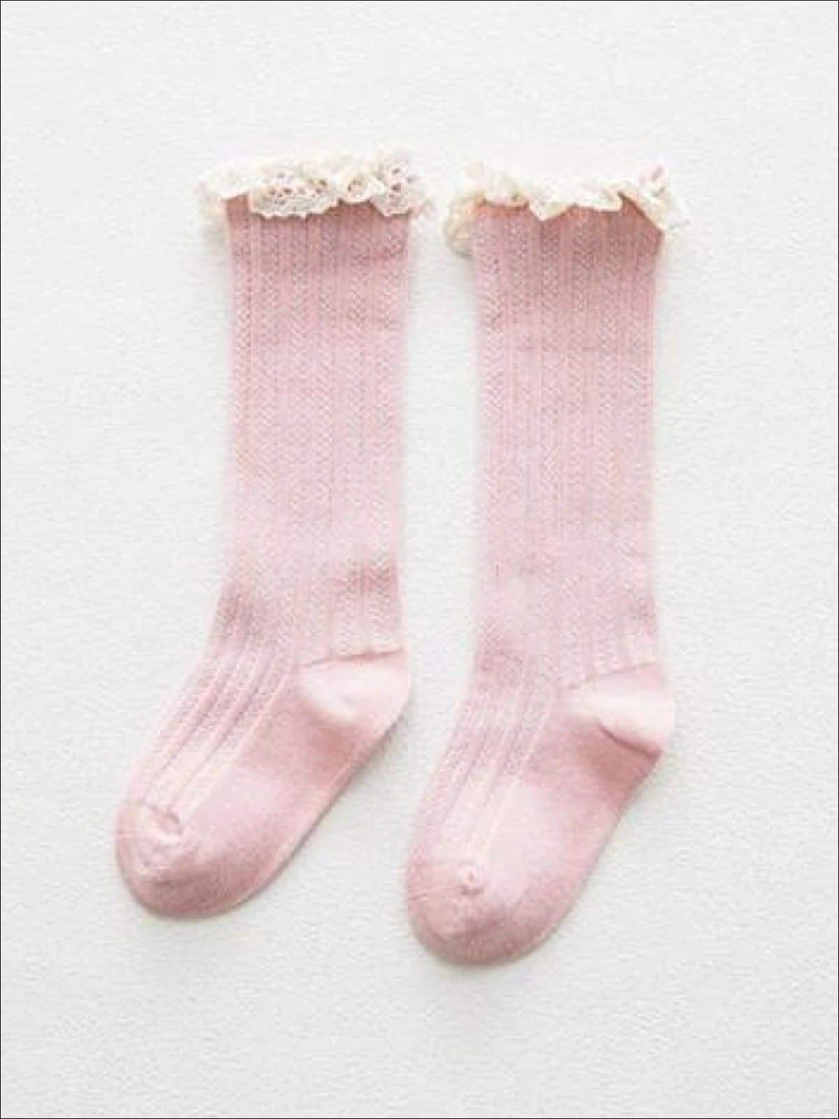 Girls Cable Knit Lace Trimmed Knee Socks - duck pink / S 1 to 3T - Girls Socks