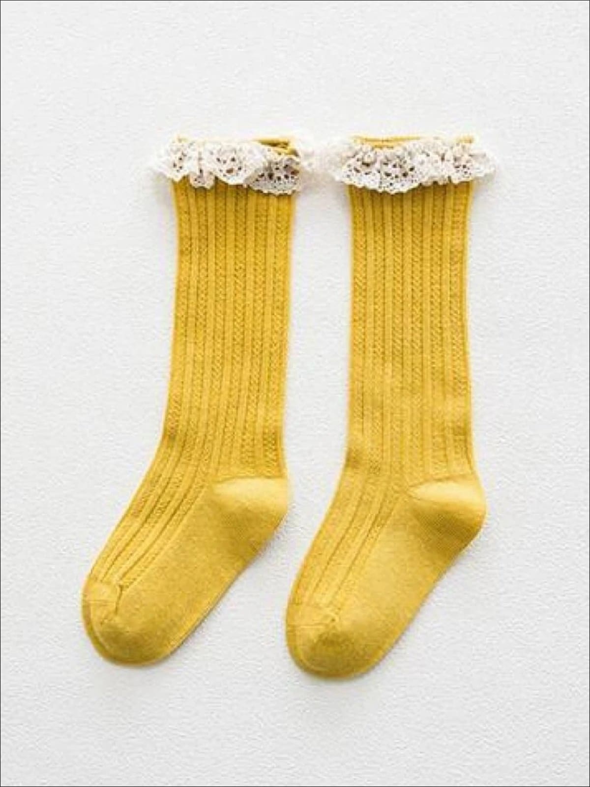 Girls Cable Knit Lace Trimmed Knee Socks - Yellow / S 1 to 3T - Girls Socks