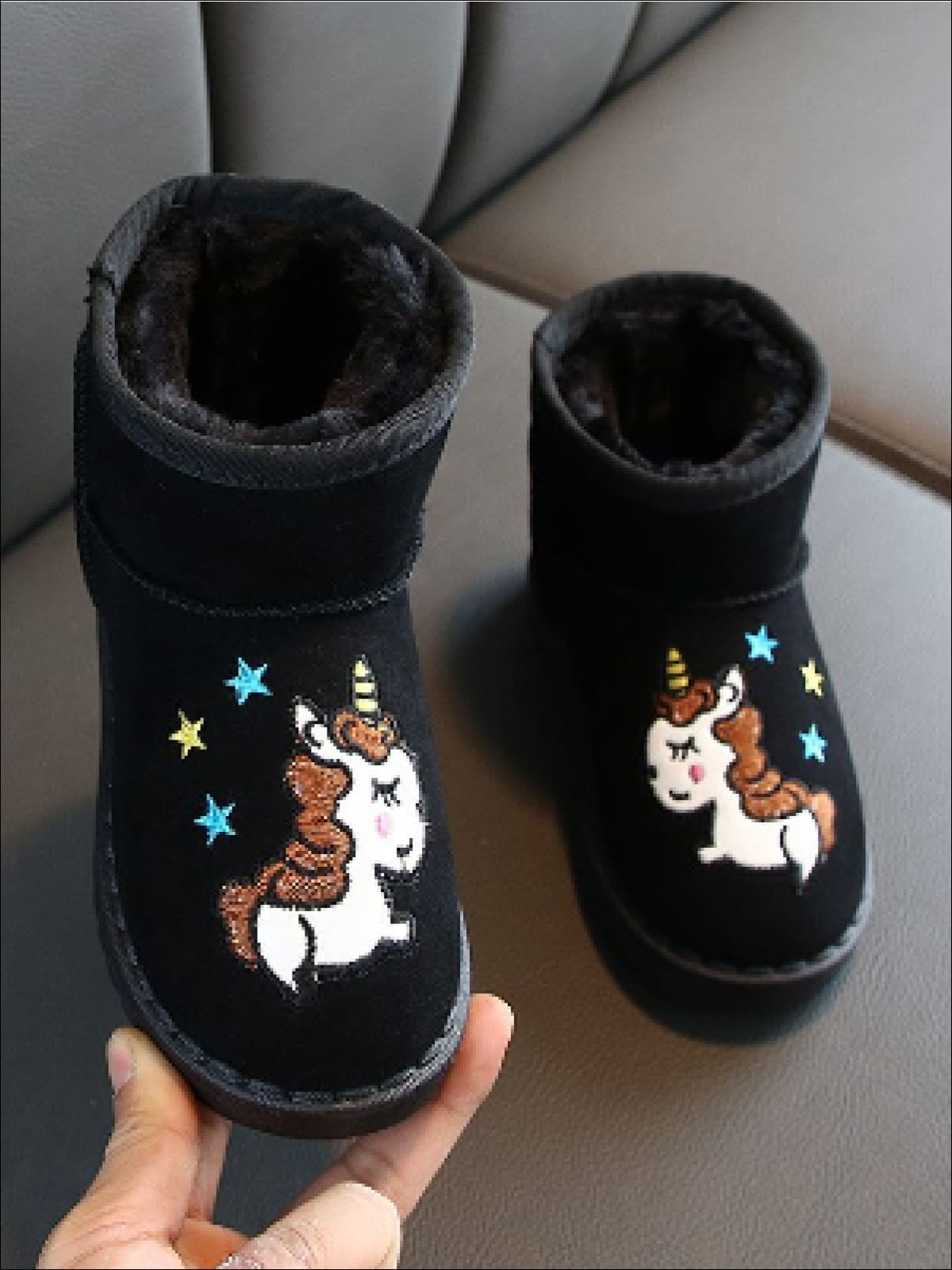 Girls Faux Fur Lined Unicorn Applique Ankle Winter Boots By Liv and Mia