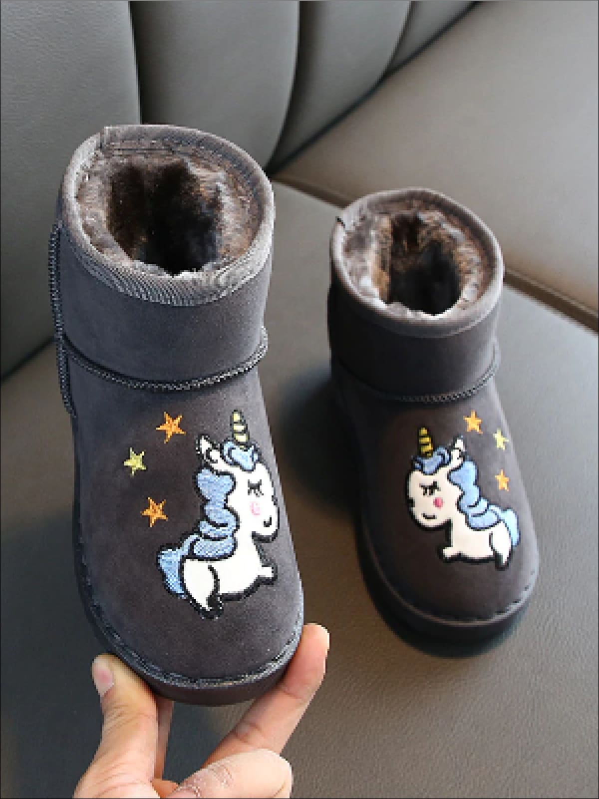 Girls Faux Fur Lined Unicorn Applique Ankle Winter Boots By Liv and Mia