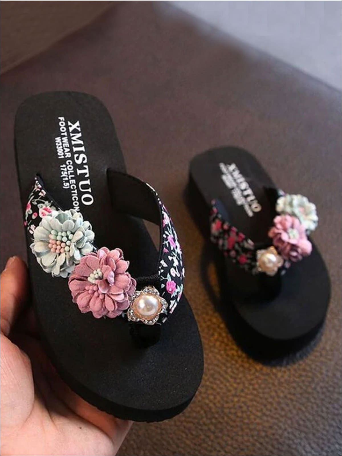 Shoes By Liv & Mia | Girls Floral Flip Flops with Pearl Embellishment
