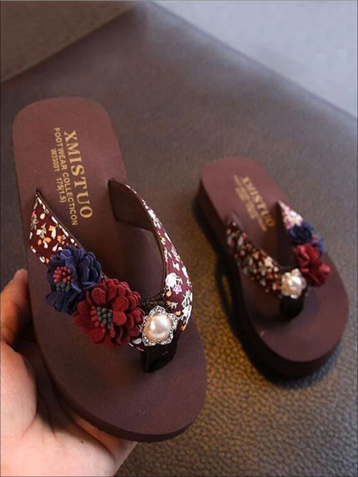 Shoes By Liv & Mia | Girls Floral Flip Flops with Pearl Embellishment