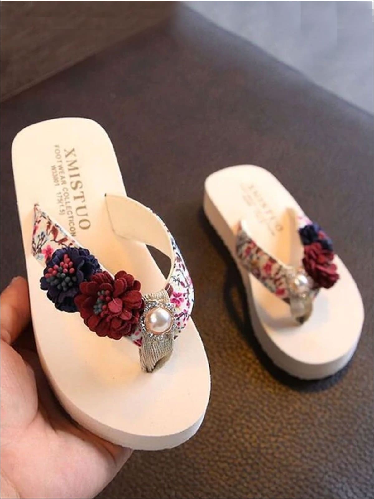 Shoes By Liv & Mia | Girls Floral Flip Flops with Pearl Embellishment