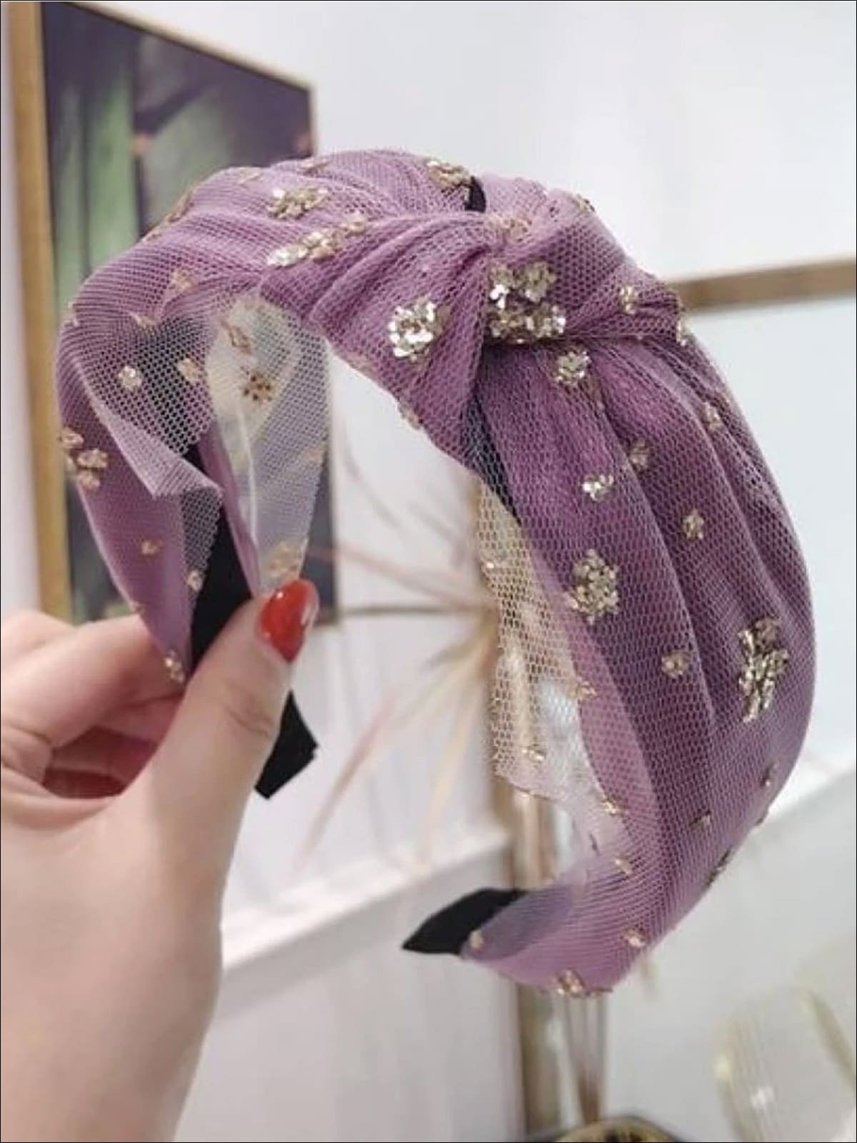 Girls Floral Glitter Dotted Lace Knot Headband - Lavender - Hair Accessories