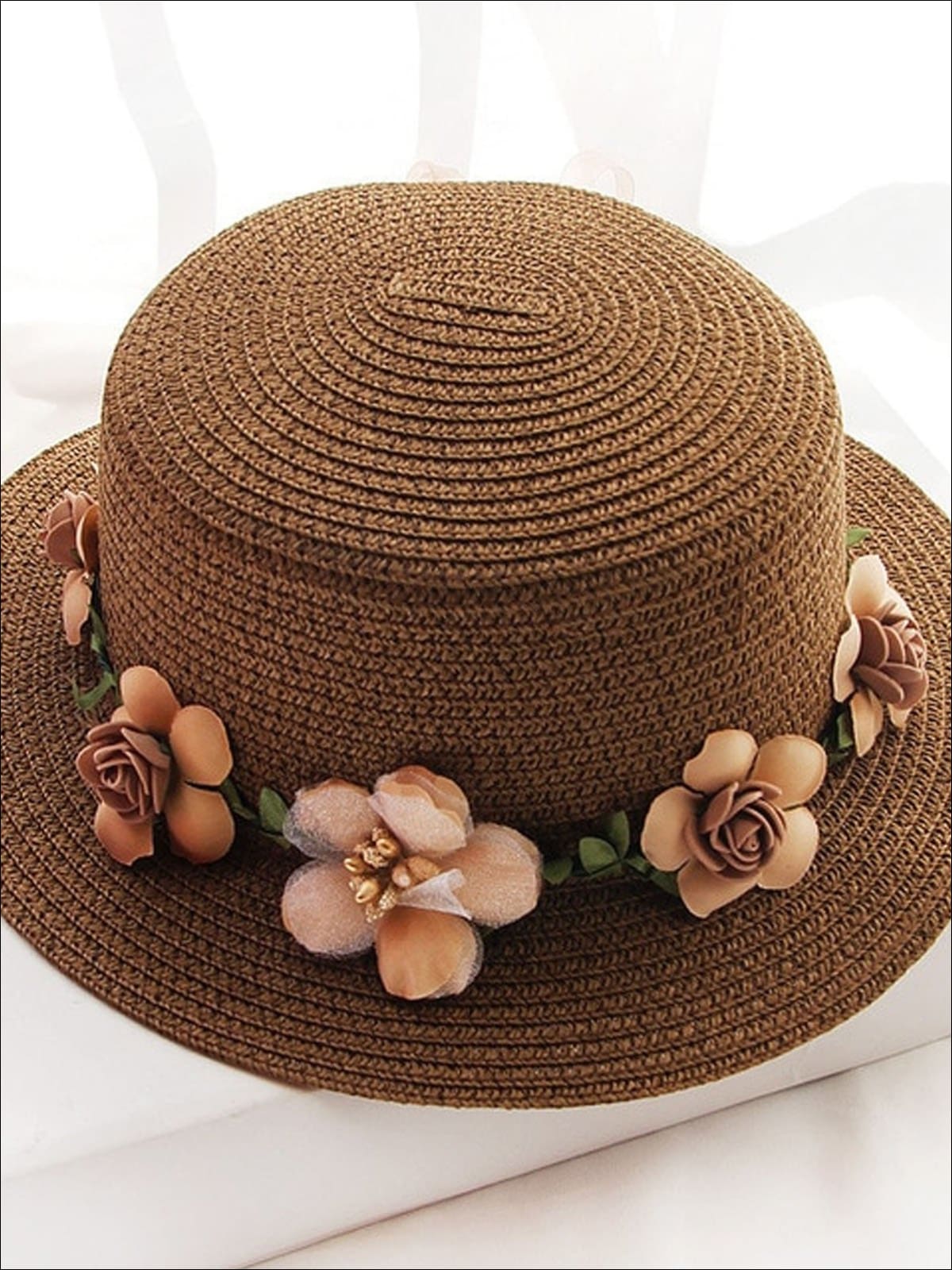 Girls Flower Banded Straw Hat - Brown / One Size - Girls Hats