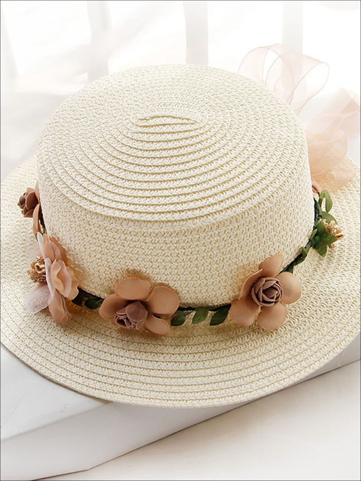 Girls Flower Banded Straw Hat - Ivory / One Size - Girls Hats