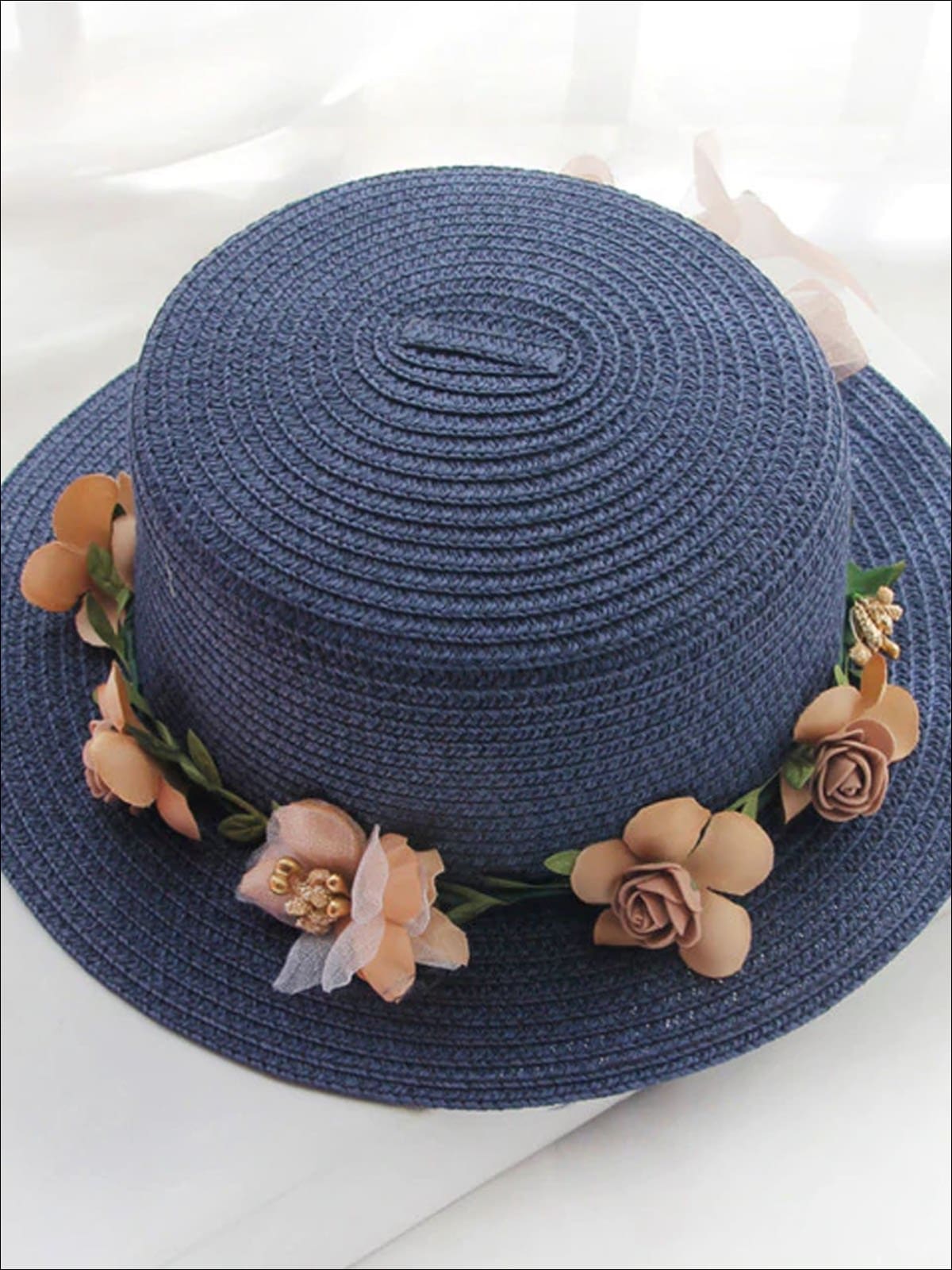 Girls Flower Banded Straw Hat - Navy / One Size - Girls Hats