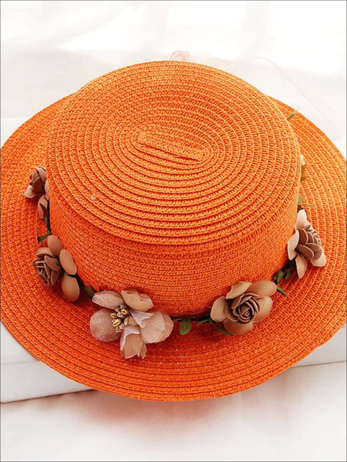 Girls Flower Banded Straw Hat - Orange / One Size - Girls Hats