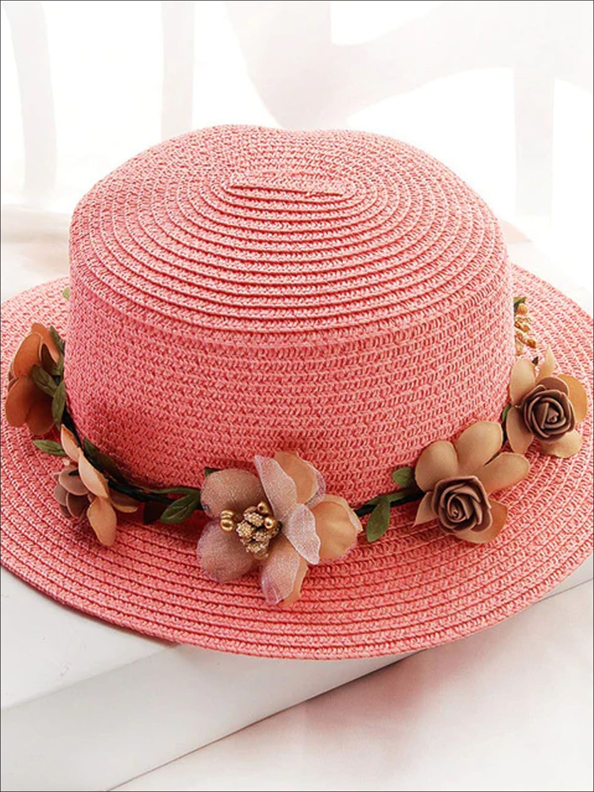 Girls Flower Banded Straw Hat - Peach / One Size - Girls Hats