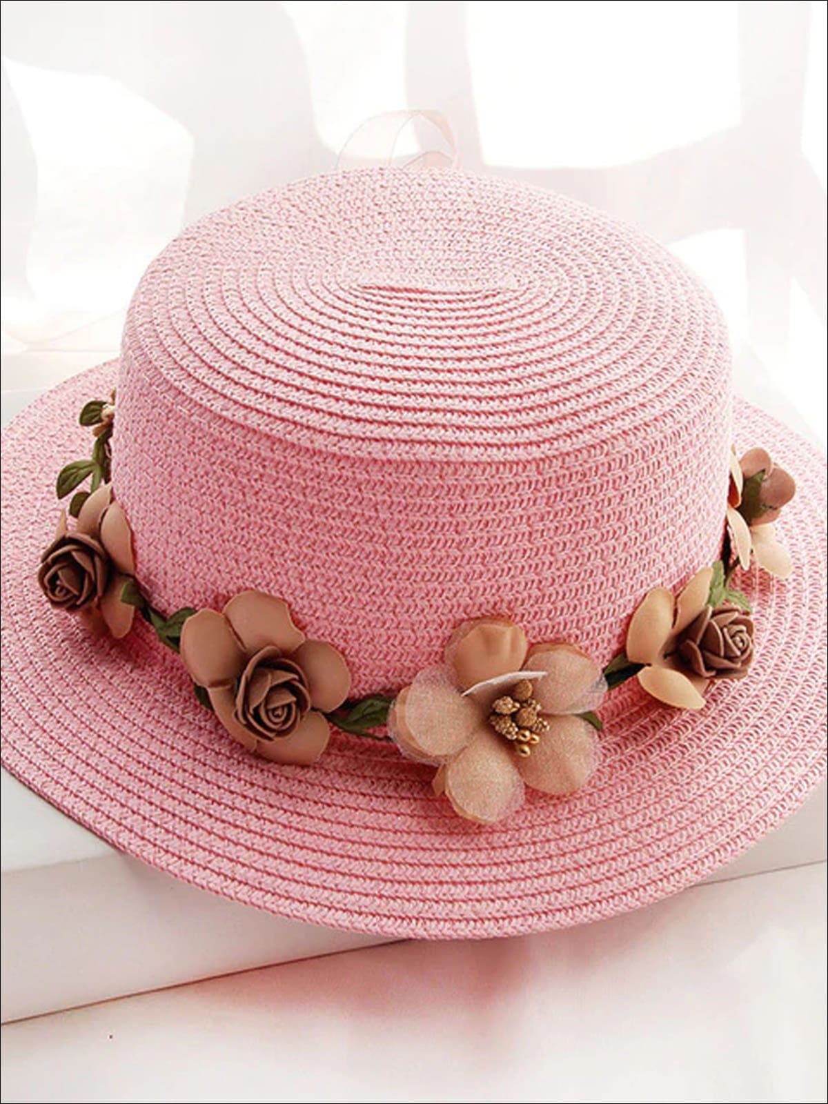 Girls Flower Banded Straw Hat - Pink / One Size - Girls Hats