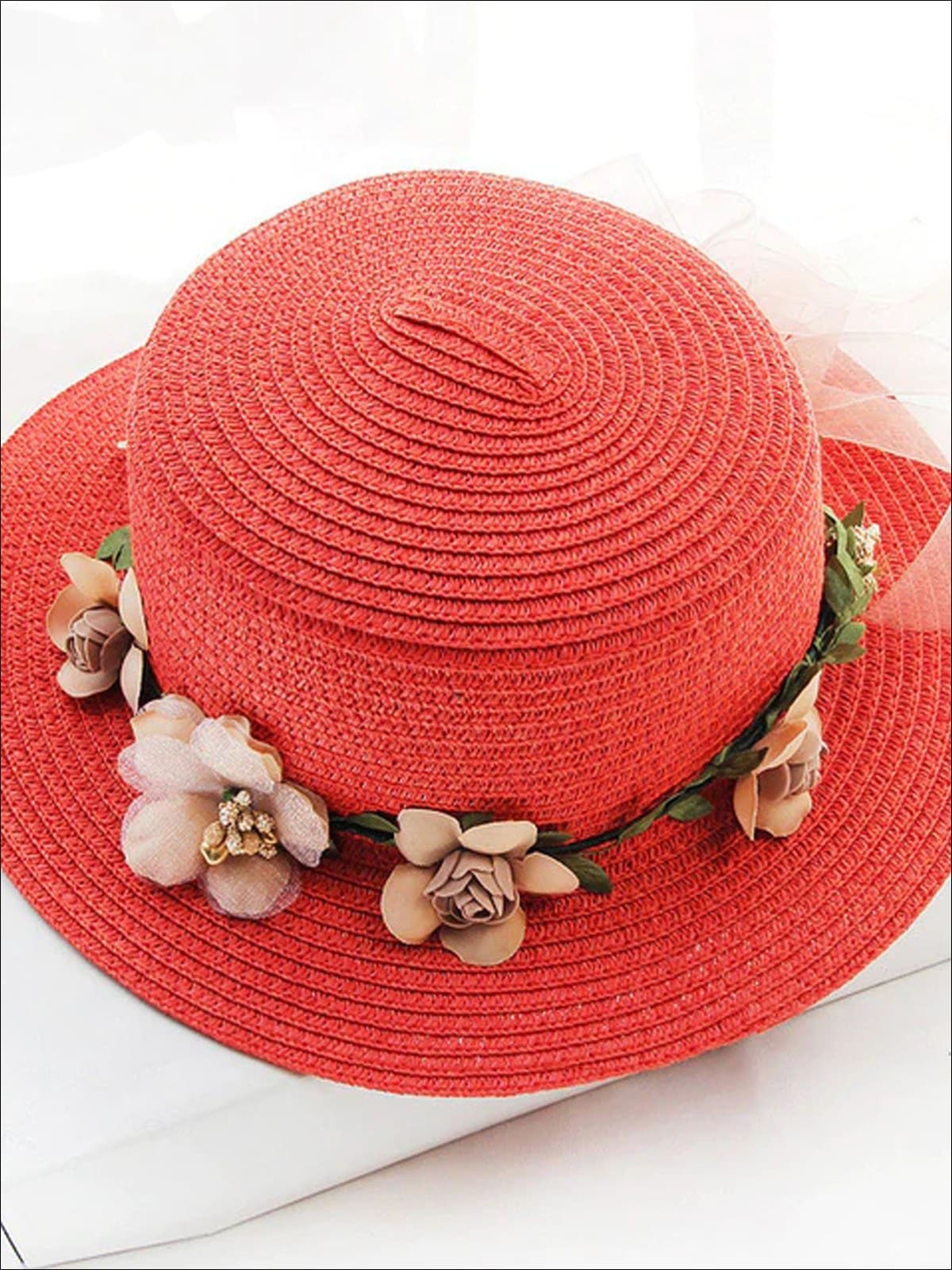 Girls Flower Banded Straw Hat - Red / One Size - Girls Hats