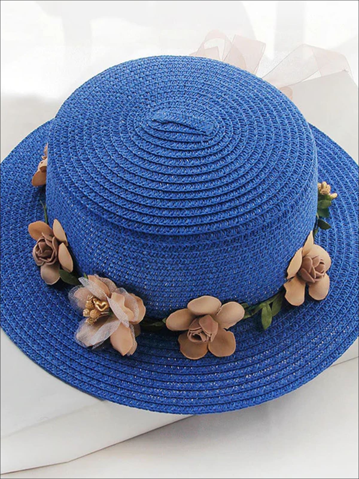Girls Flower Banded Straw Hat - Royal Blue / One Size - Girls Hats