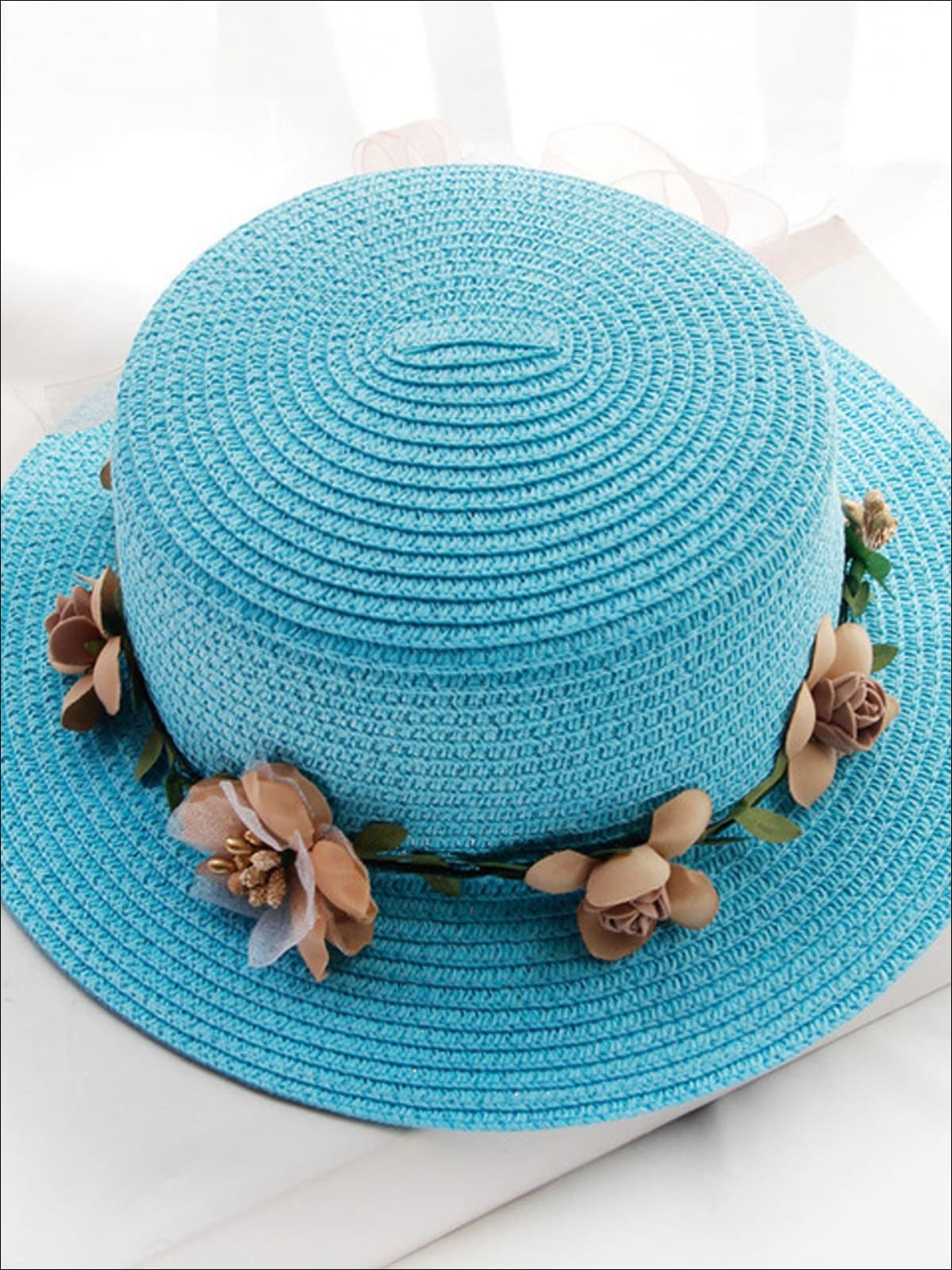 Girls Flower Banded Straw Hat - Sky Blue / One Size - Girls Hats