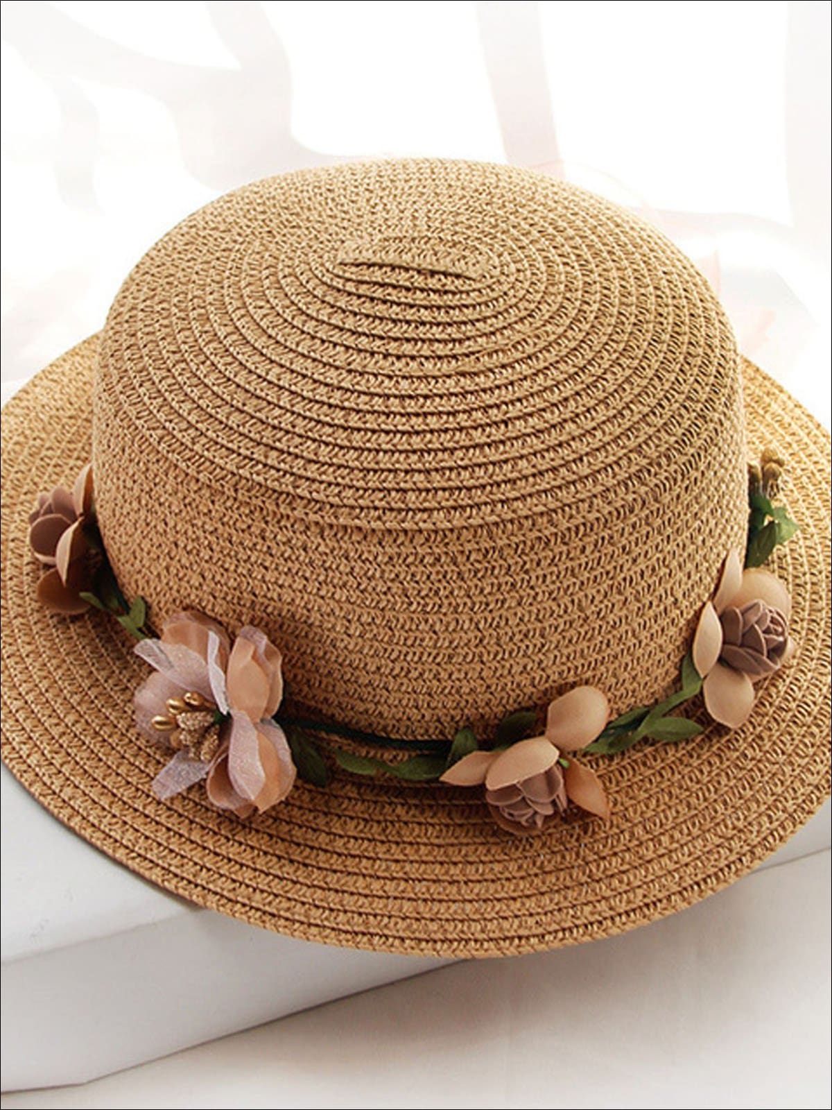 Girls Flower Banded Straw Hat - Tan / One Size - Girls Hats