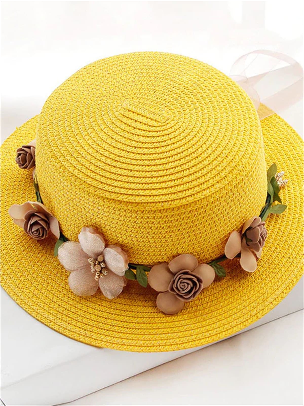 Girls Flower Banded Straw Hat - Yellow / One Size - Girls Hats