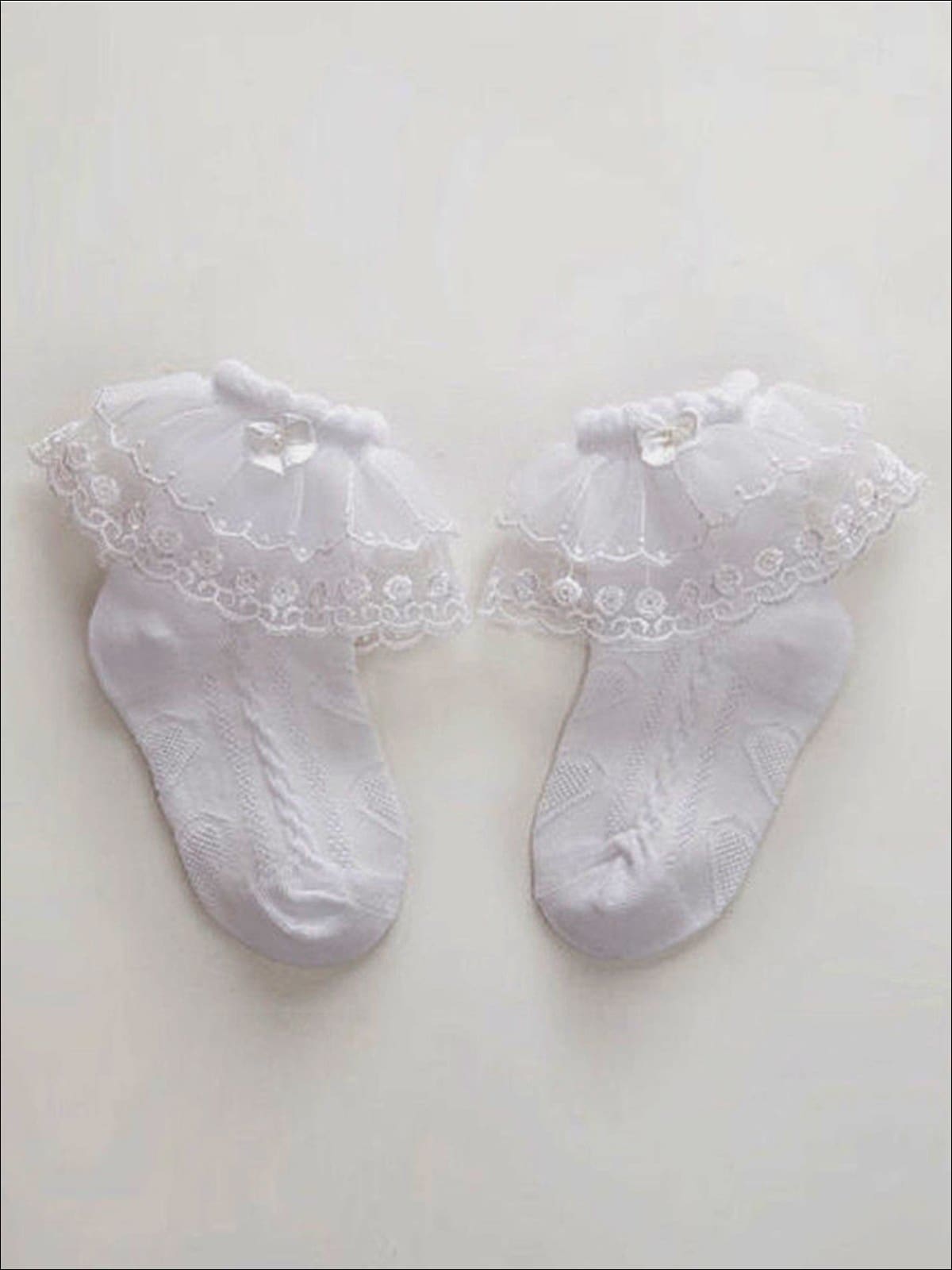 Girls Frilly Ruffle Lace Socks - White / 2-3T - Girls Socks