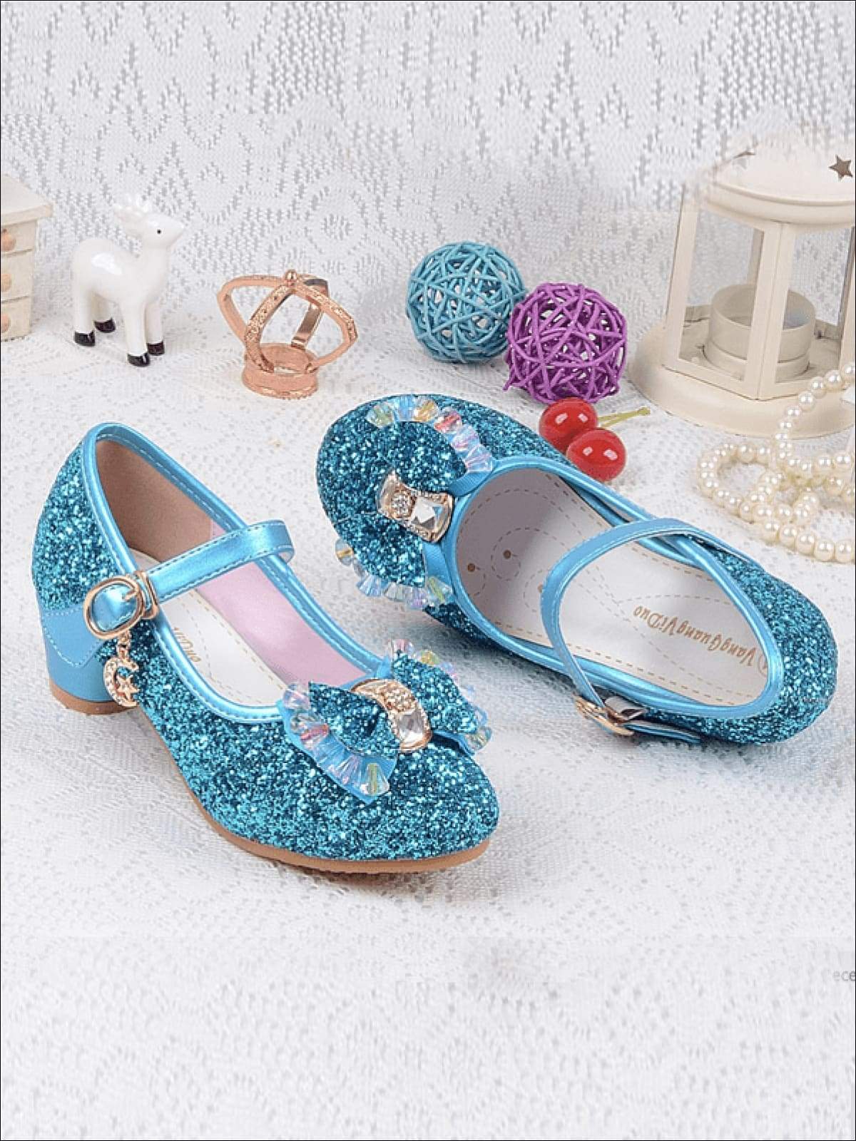 Girls Glitter Beaded Bow Mini Heel Flats Shoes - Girls Flats