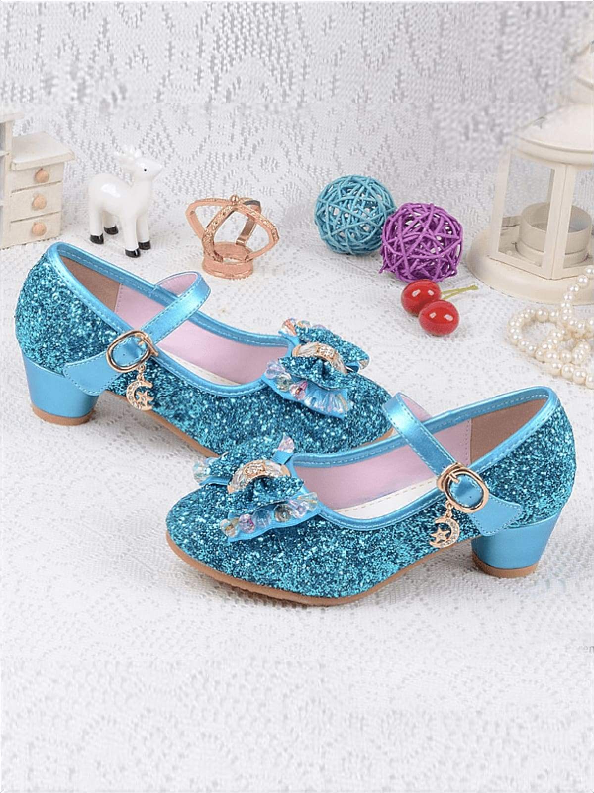 Girls Glitter Beaded Bow Mini Heel Flats Shoes - Girls Flats