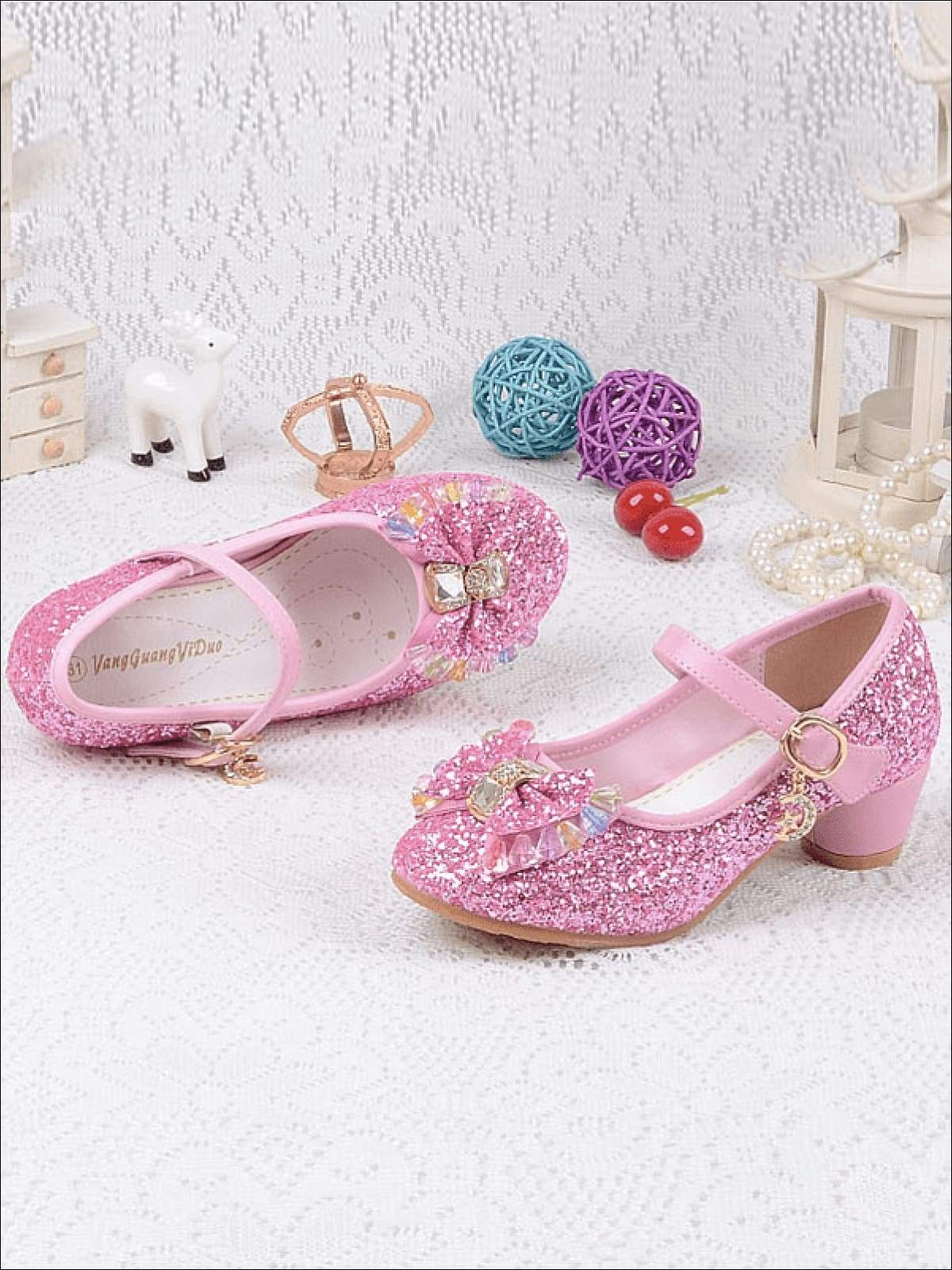 Girls Glitter Beaded Bow Mini Heel Flats Shoes - Pink / 1 - Girls Flats