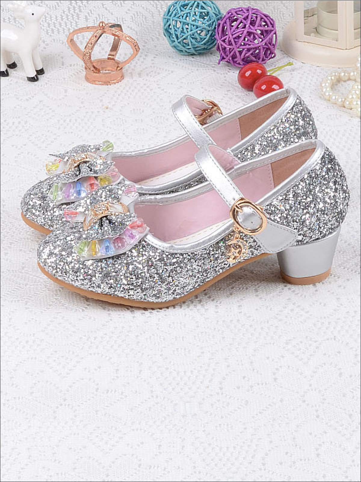 Girls Glitter Beaded Bow Mini Heel Flats Shoes - Silver / 1 - Girls Flats
