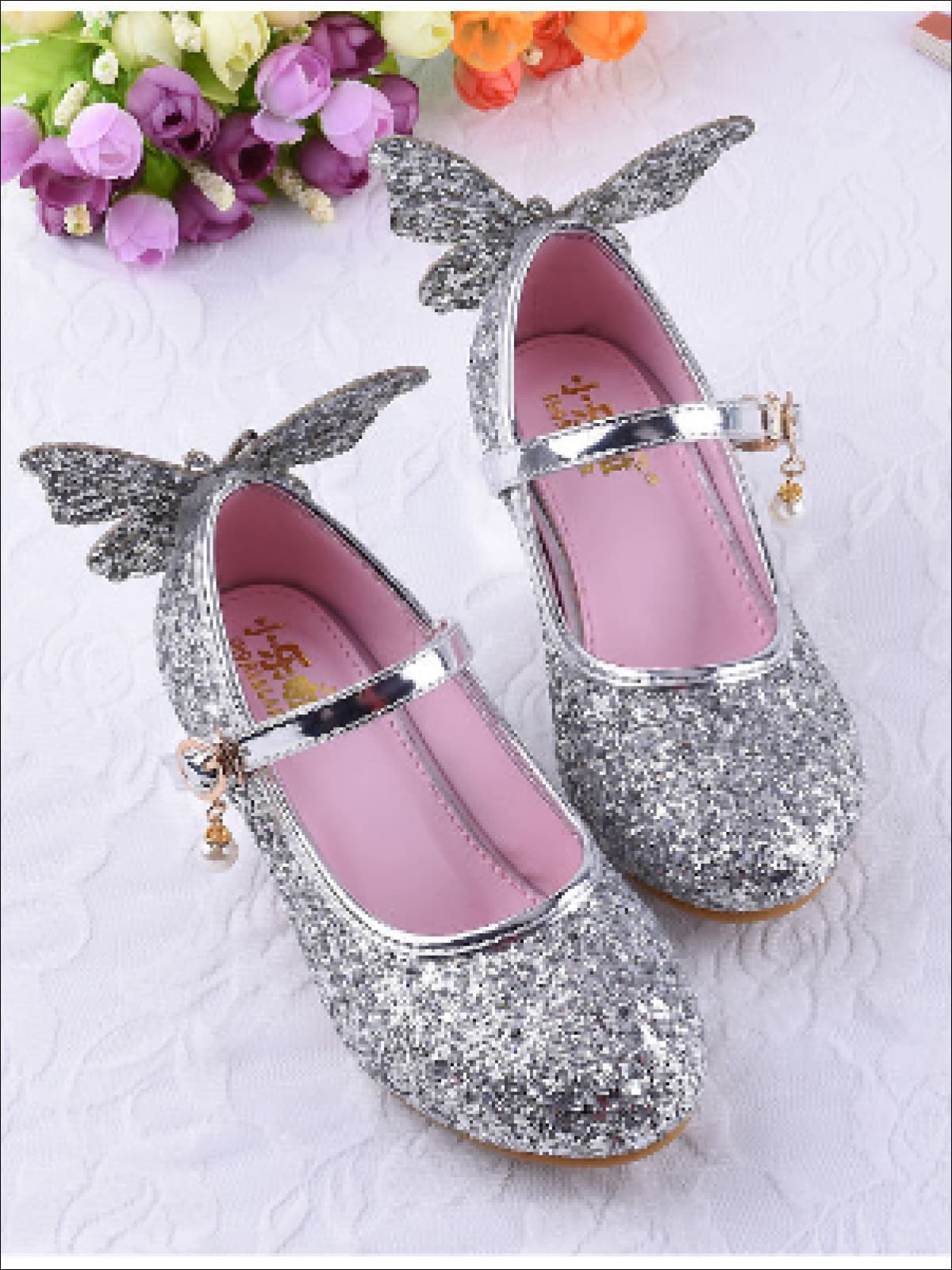 Girls Glitter Butterfly Mary Jane Kitten Heel Shoes - Girls Flats