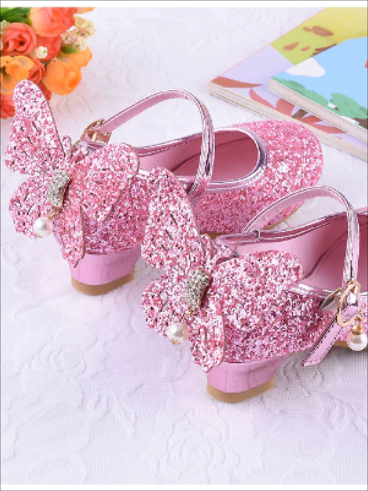 Girls Glitter Butterfly Mary Jane Kitten Heel Shoes - Girls Flats