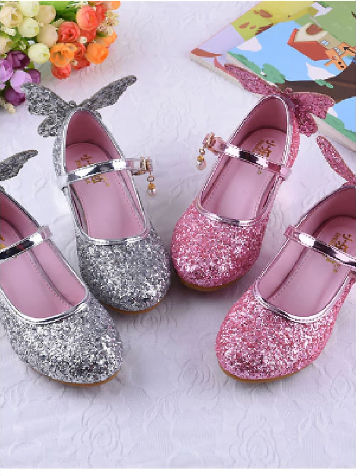 Girls Glitter Butterfly Mary Jane Kitten Heel Shoes - Girls Flats