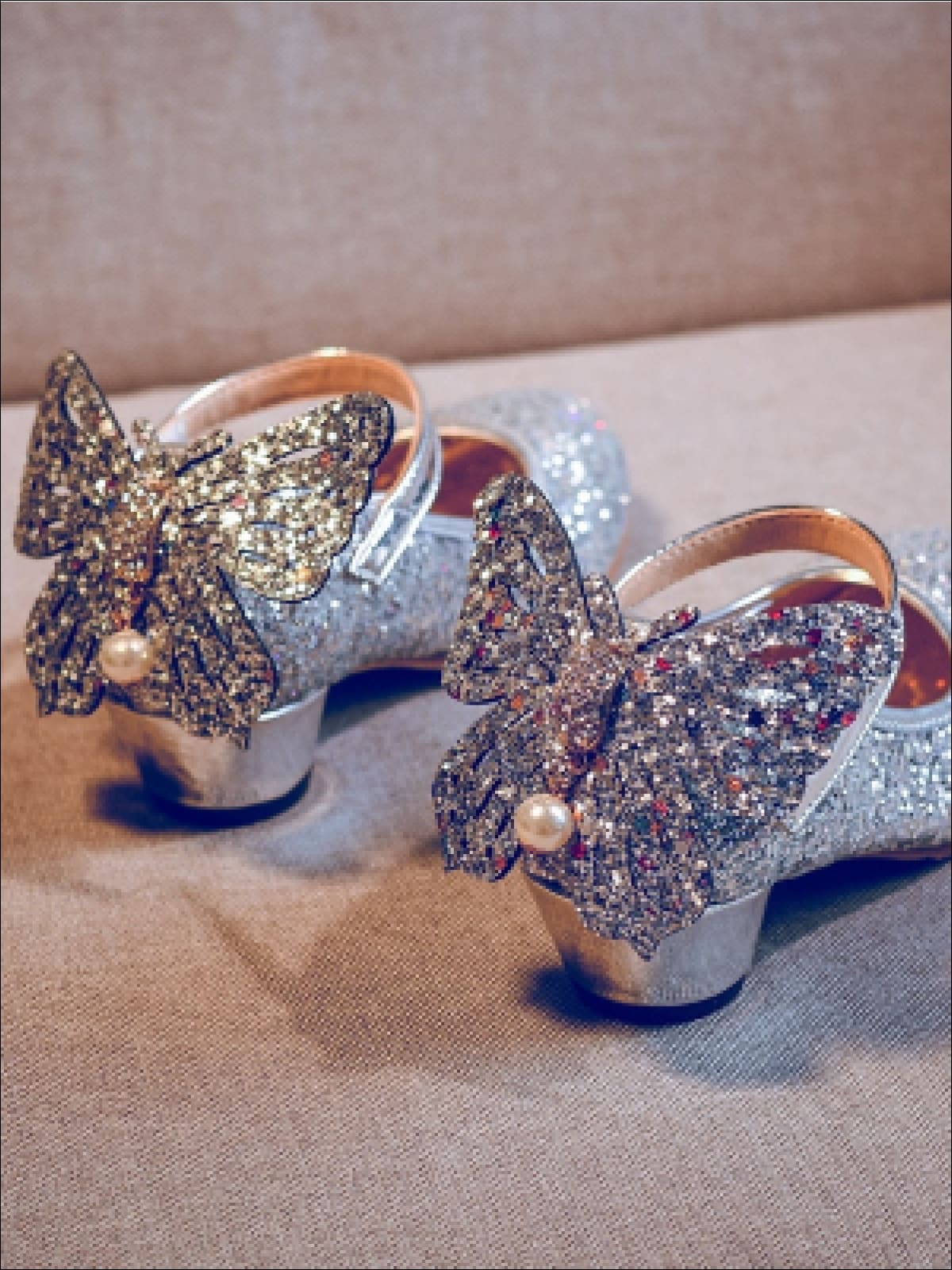 Girls Glitter Butterfly Mary Jane Kitten Heel Shoes - Girls Flats
