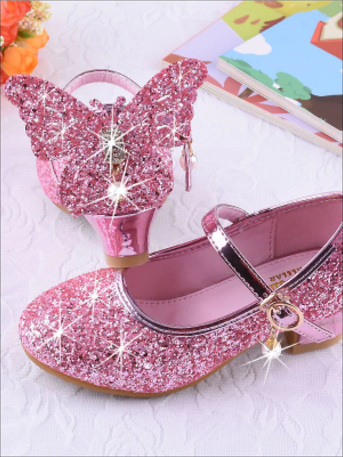 Girls Glitter Butterfly Mary Jane Kitten Heel Shoes - Pink / 1 - Girls Flats