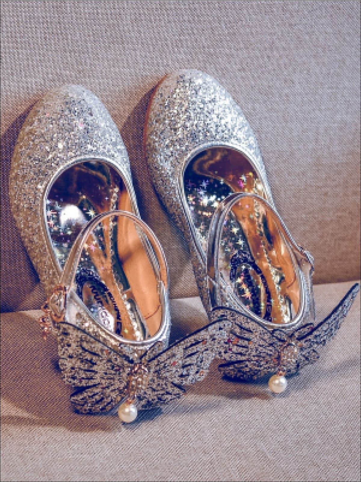 Girls Glitter Butterfly Mary Jane Kitten Heel Shoes - Silver / 1 - Girls Flats