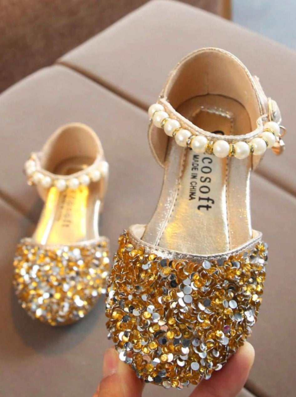Girls Glitter Pearl Strap Dressy Flats Shoes - Girls Flats