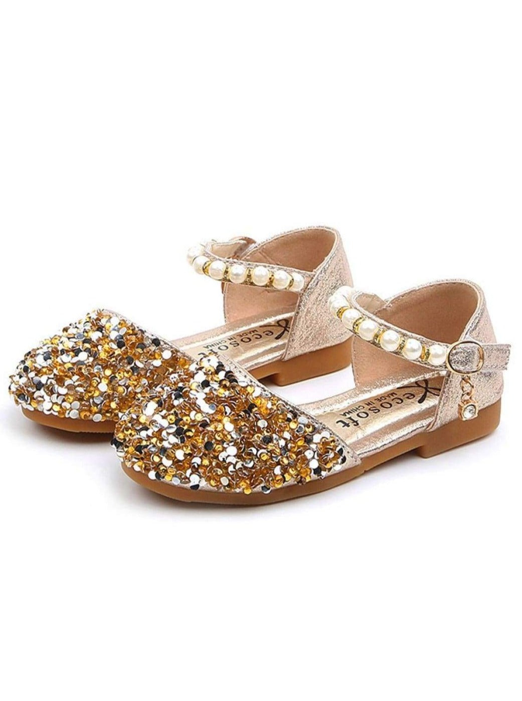 Girls Glitter Pearl Strap Dressy Flats Shoes - Gold / 9 - Girls Flats