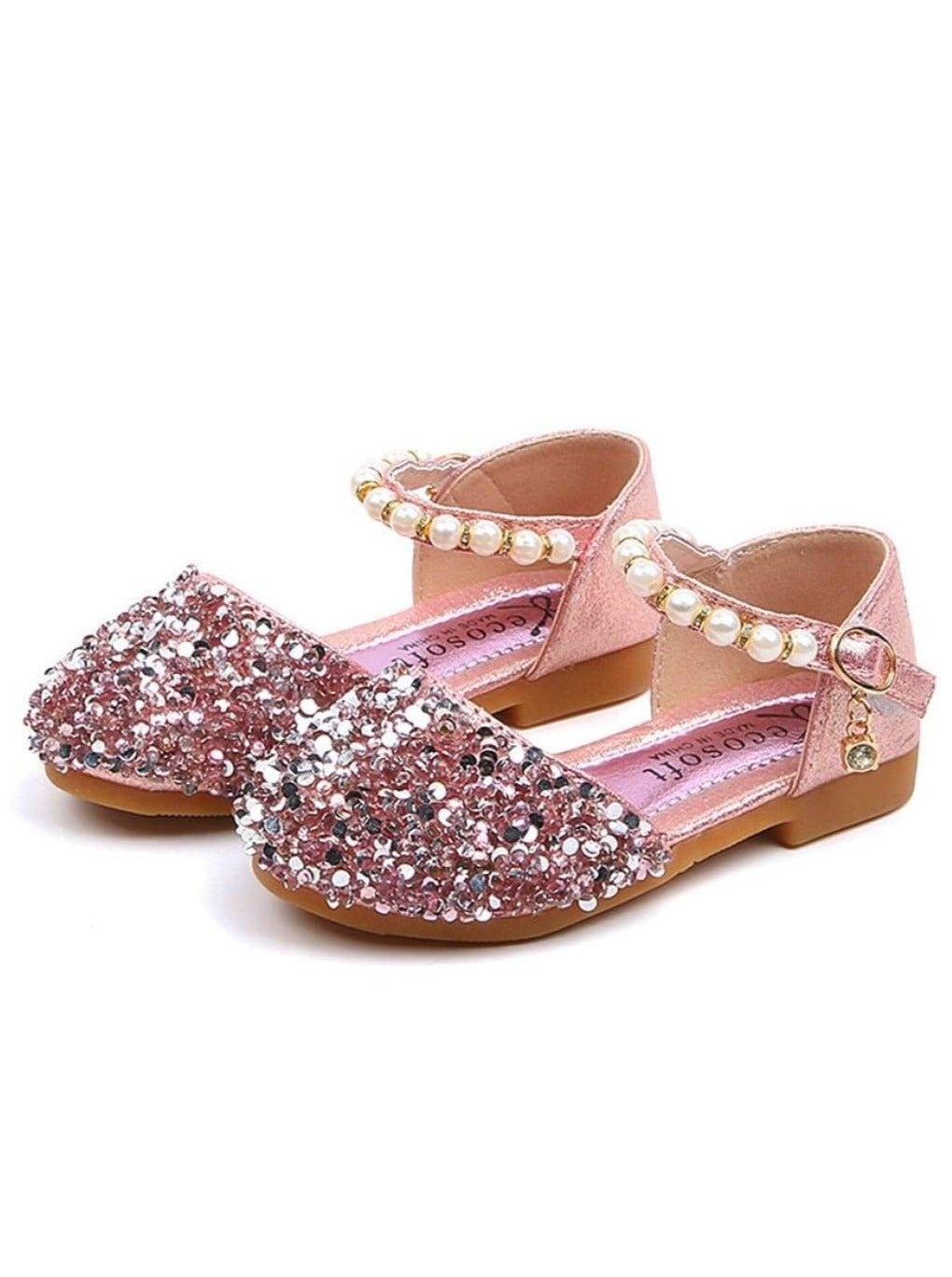 Girls Glitter Pearl Strap Dressy Flats Shoes - Pink / 9 - Girls Flats