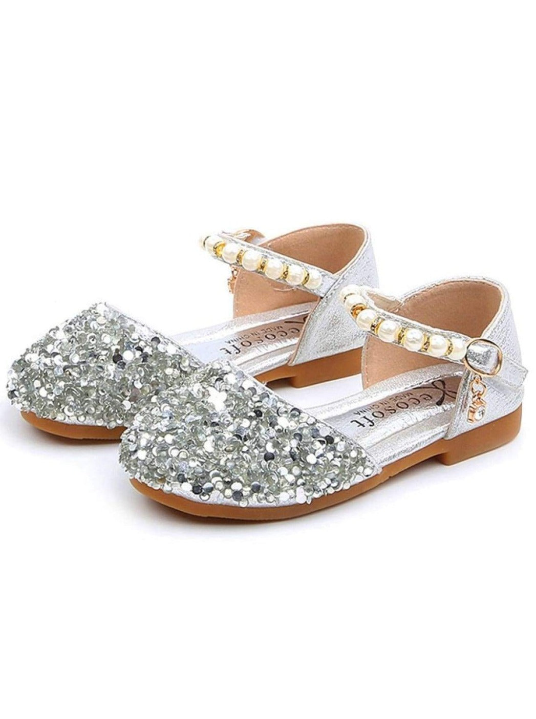 Girls Glitter Pearl Strap Dressy Flats Shoes - Silver / 9 - Girls Flats