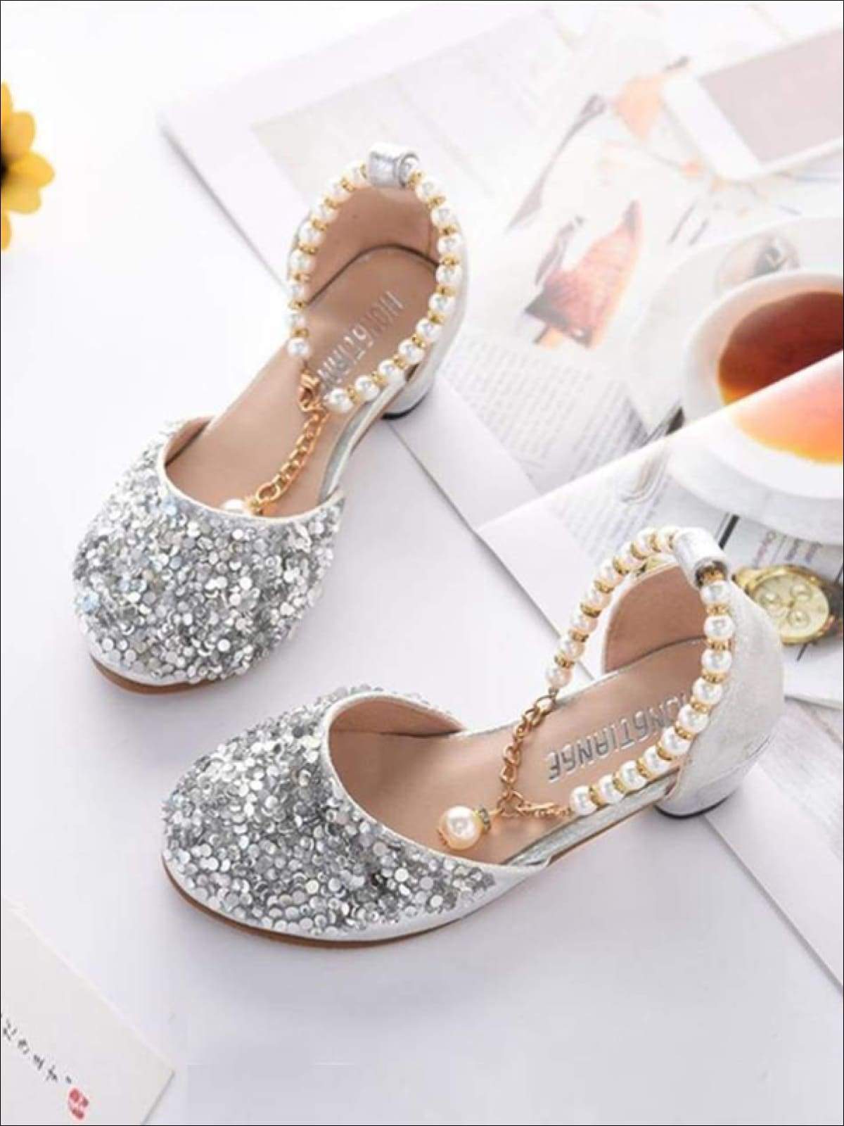 Girls Glitter Sequins Princess Heels with Pearls Ankle Strap - Girls Flats