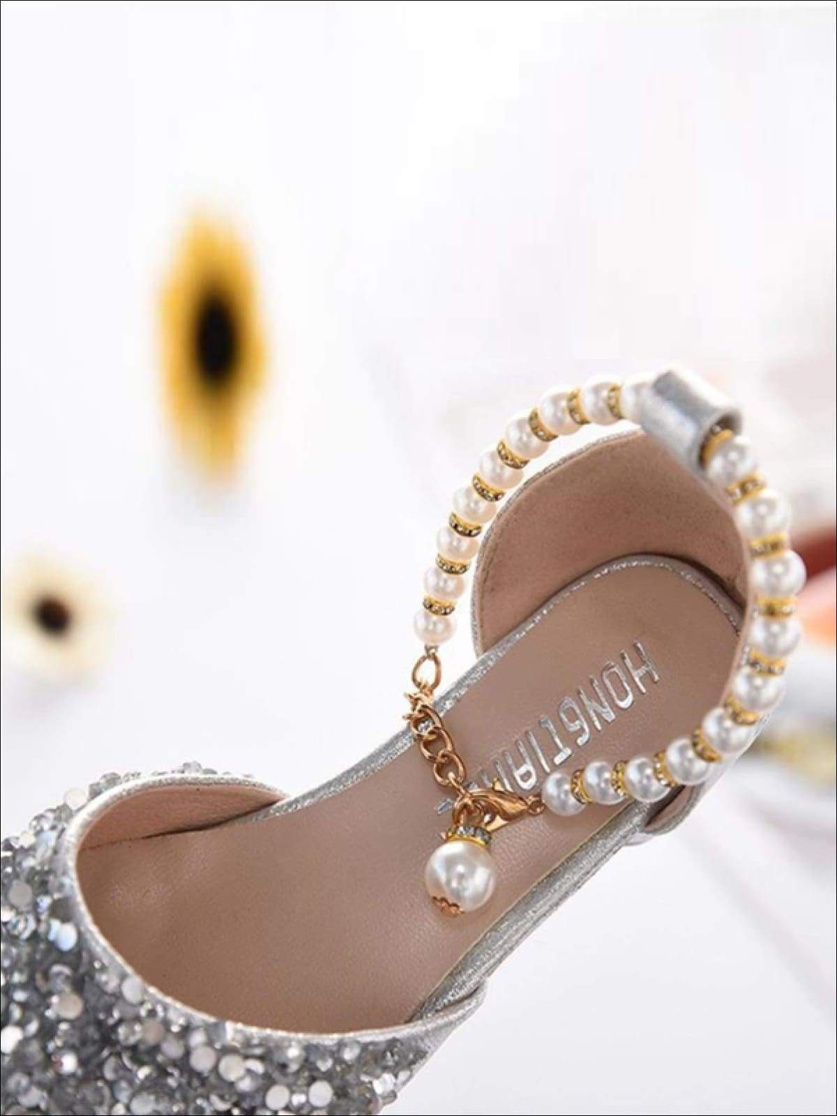 Girls Glitter Sequins Princess Heels with Pearls Ankle Strap - Girls Flats