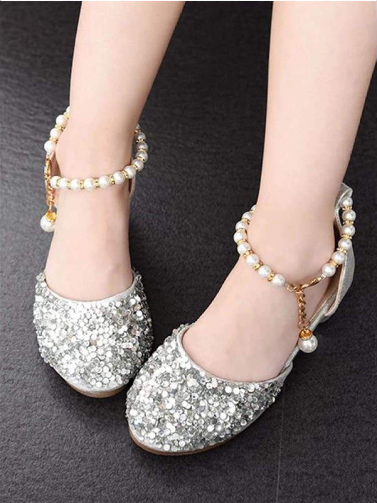 Girls Glitter Sequins Princess Heels with Pearls Ankle Strap - Girls Flats