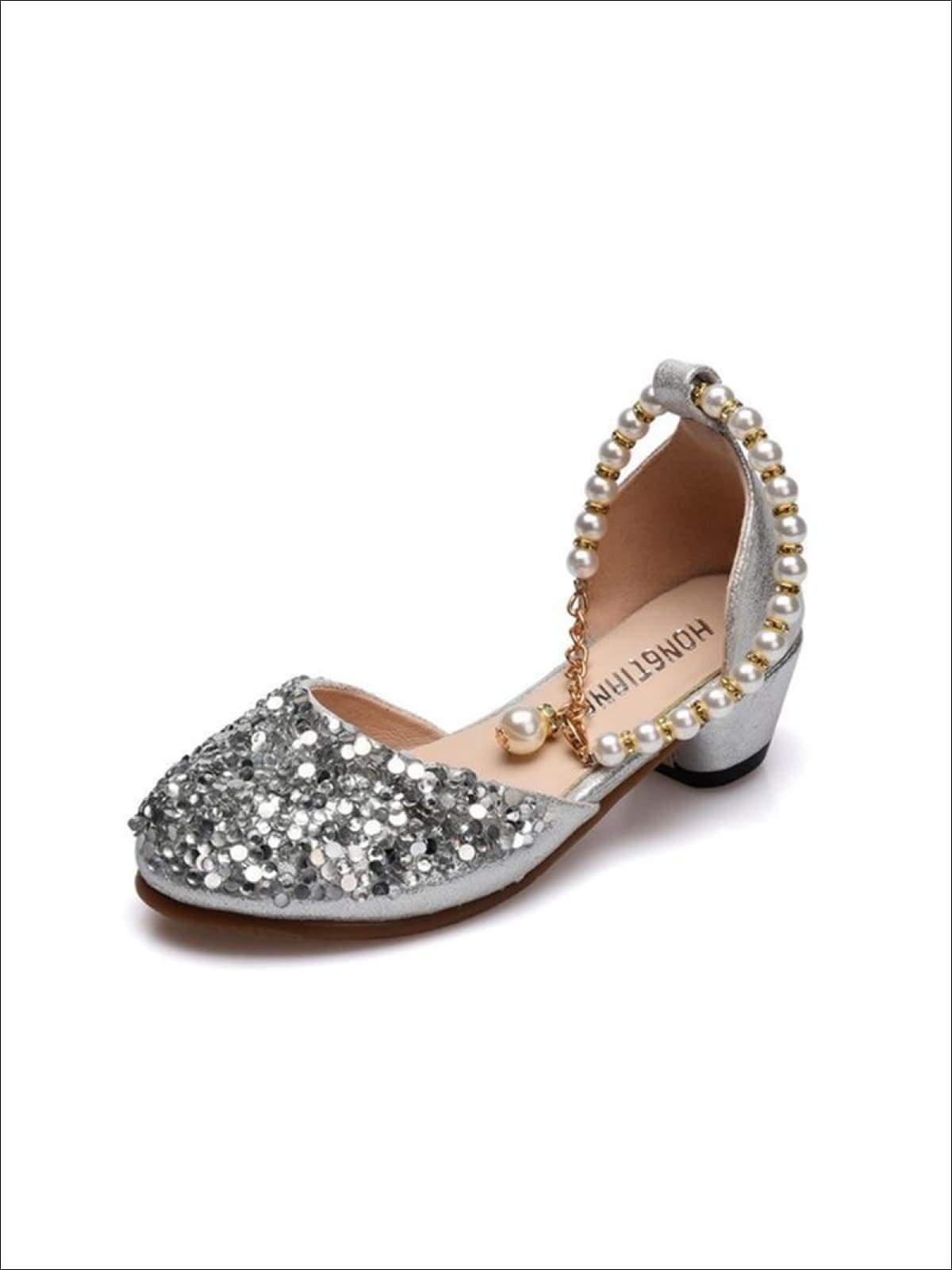 Girls Glitter Sequins Princess Heels with Pearls Ankle Strap - Girls Flats