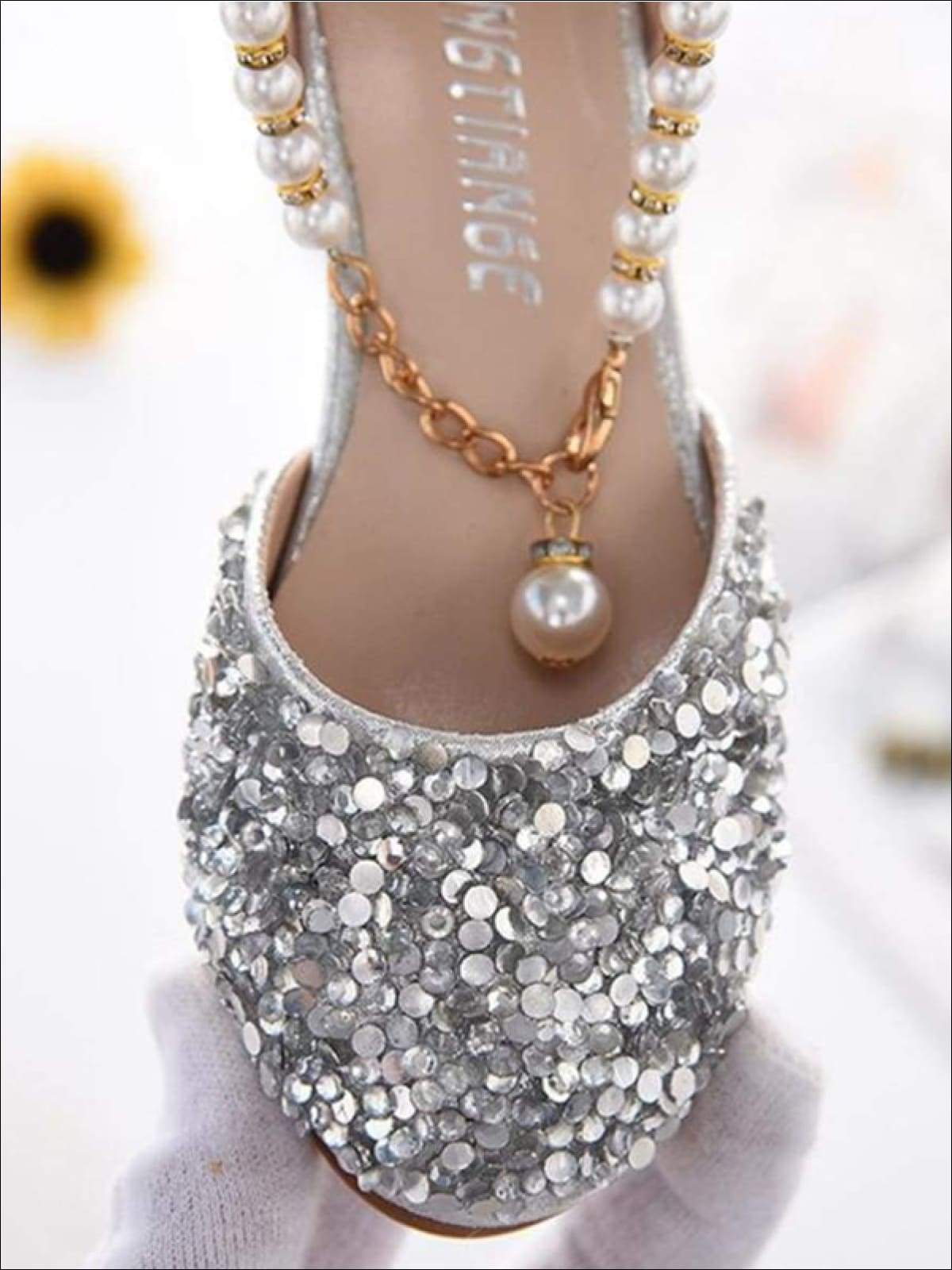 Girls Glitter Sequins Princess Heels with Pearls Ankle Strap - Girls Flats