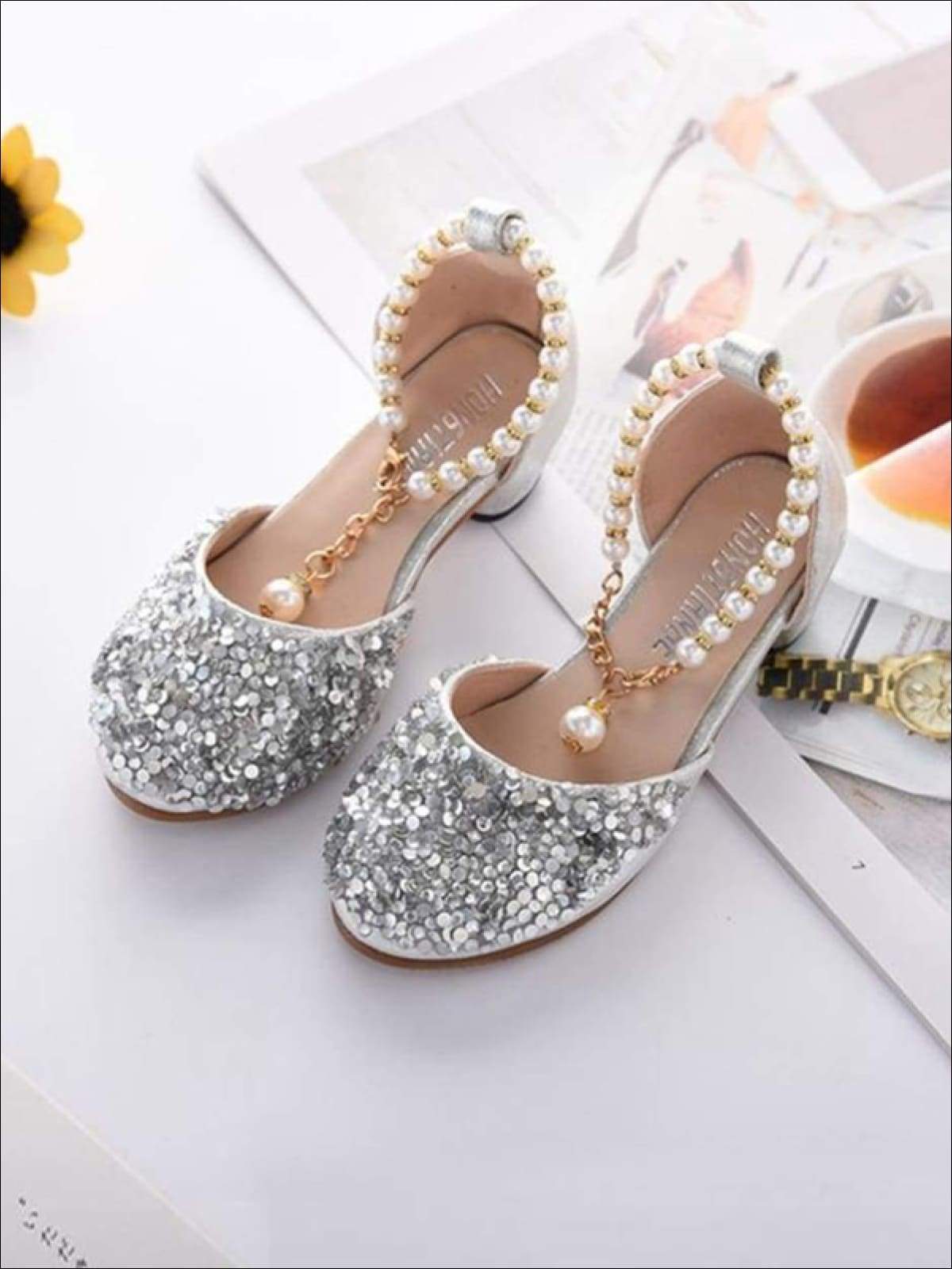 Girls Glitter Sequins Princess Heels with Pearls Ankle Strap - Girls Flats