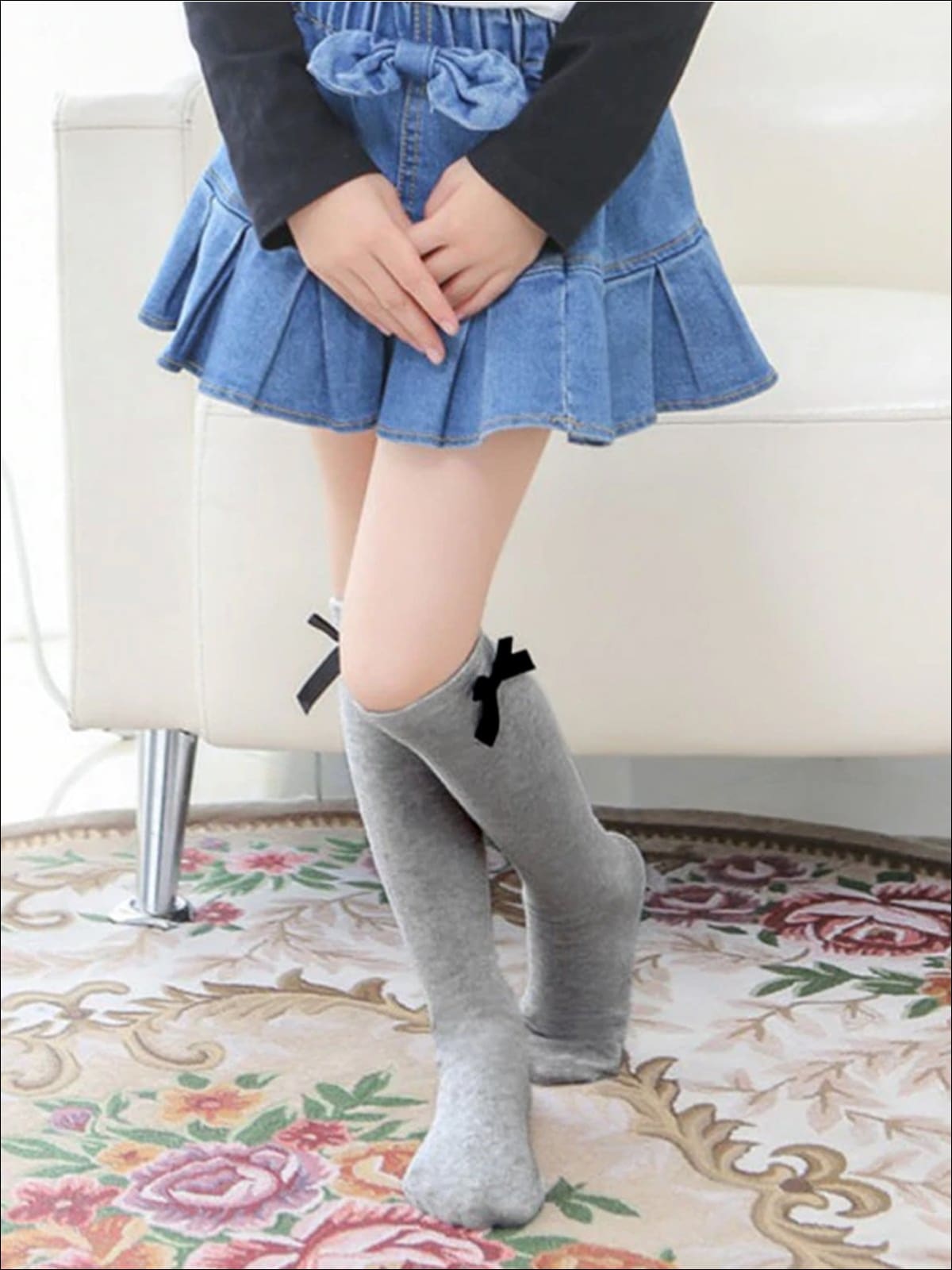 Girls Knee High Butterfly Socks - Grey / 1 - Girls Socks