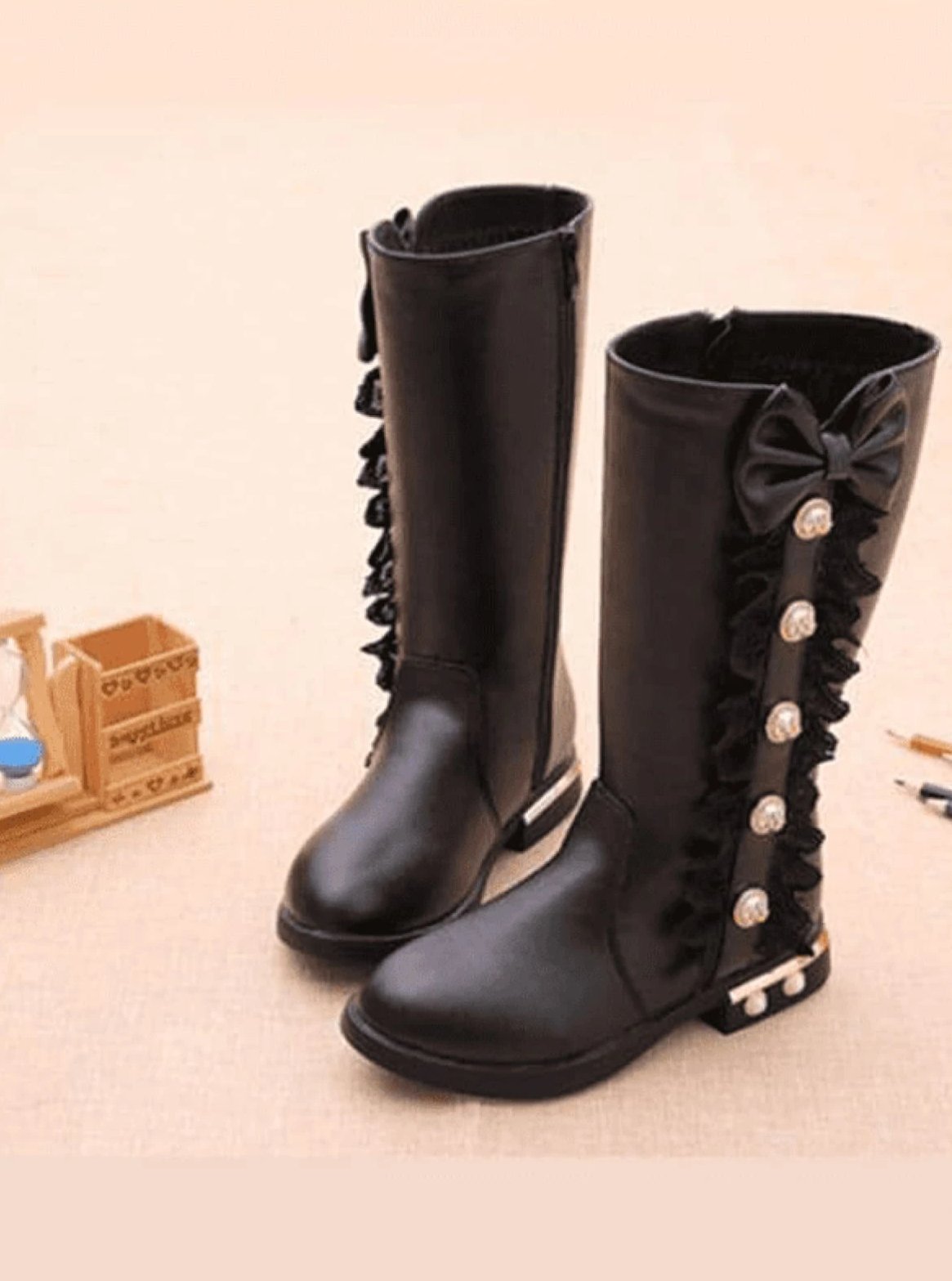 Girls Lacey Bow Tie Princess Mid-Calf Boots ( 3 Color Options) - Black / 10 - Girls Boots