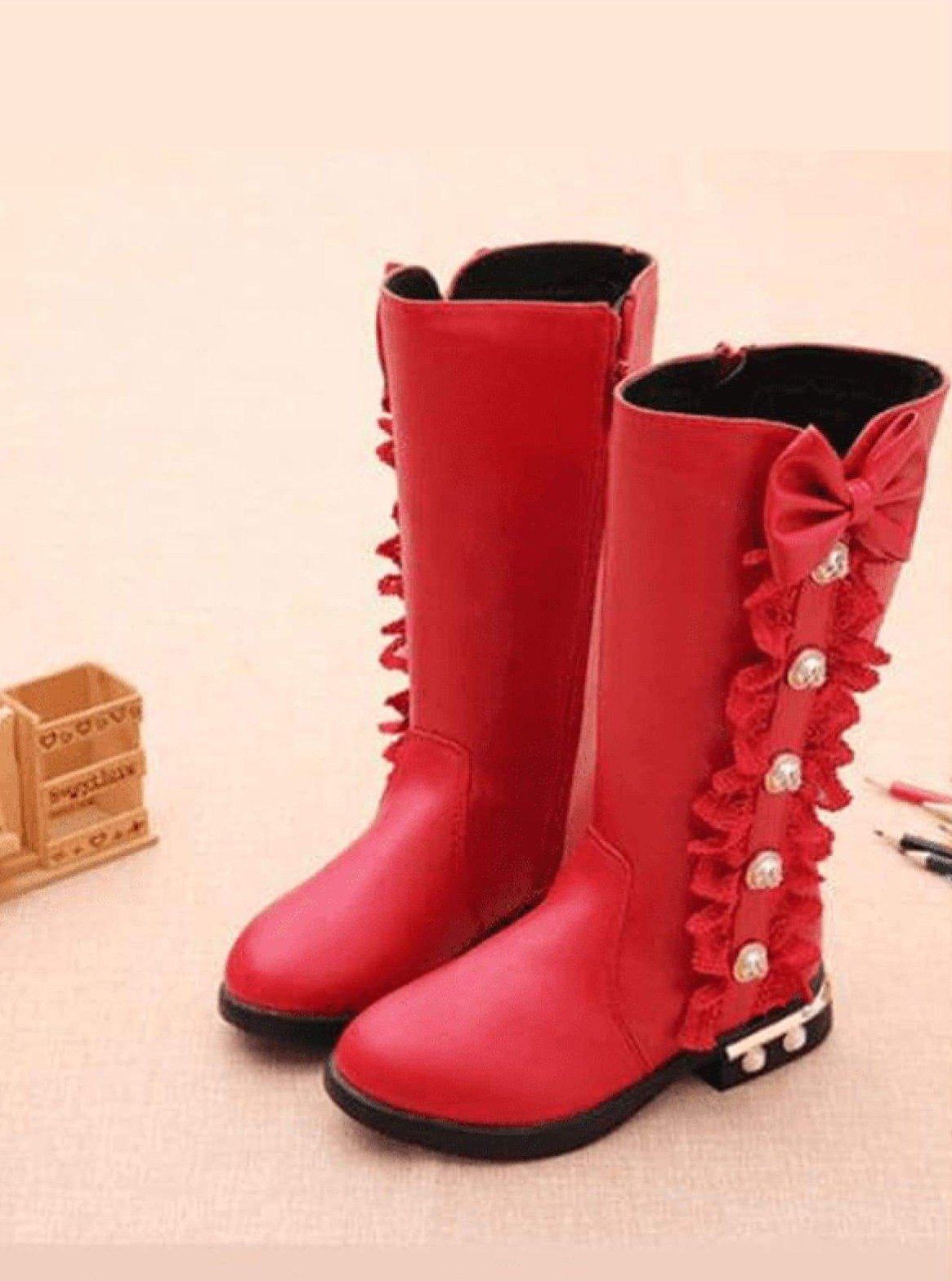 Girls Lacey Bow Tie Princess Mid-Calf Boots ( 3 Color Options) - Red / 10 - Girls Boots