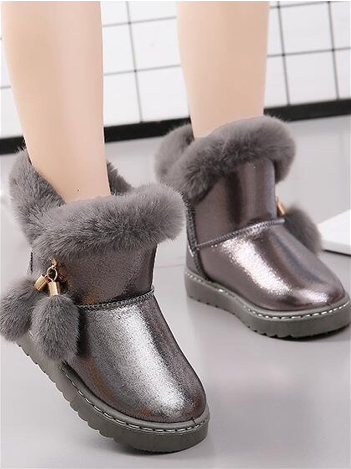 Girls Metallic Faux Fur Trimmed Winter Booties - Girls Boots