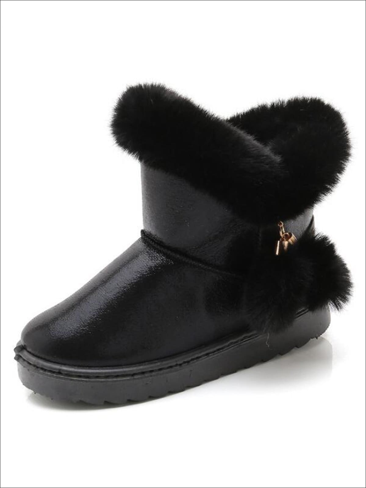 Girls Metallic Faux Fur Trimmed Winter Booties - Black / 1 - Girls Boots
