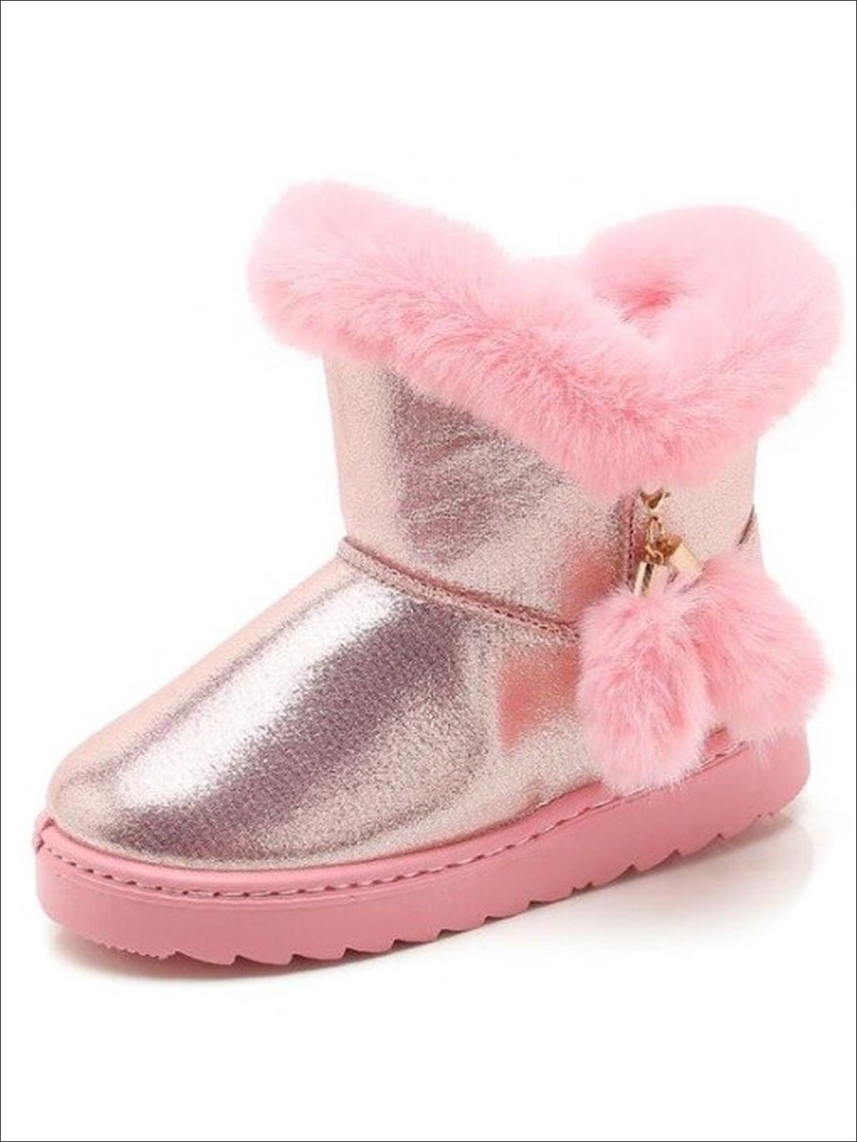 Girls Metallic Faux Fur Trimmed Winter Booties - Pink / 1 - Girls Boots