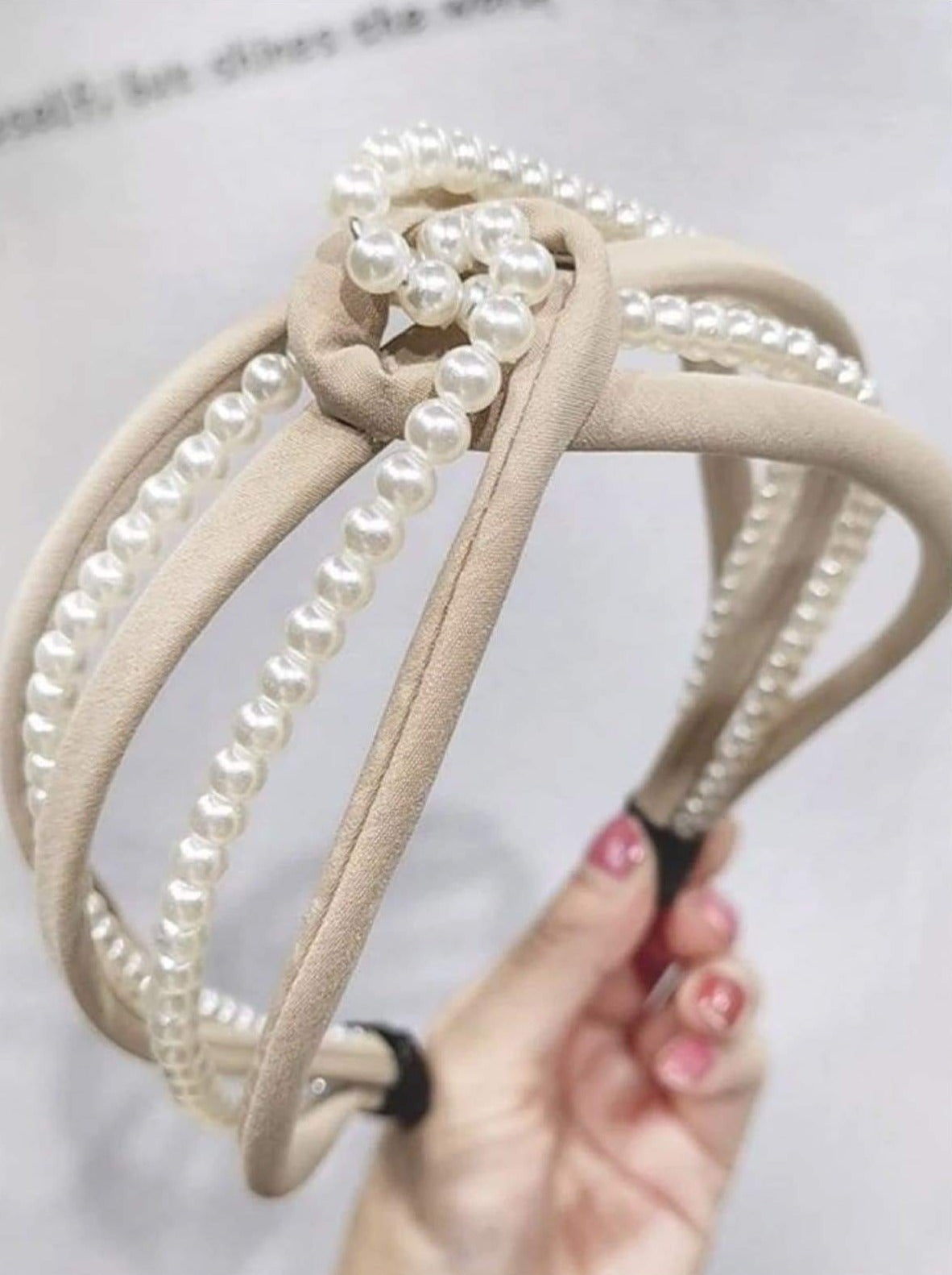 Girls Pearl and Velvet Knot Headband - Beige - Hair Accessories